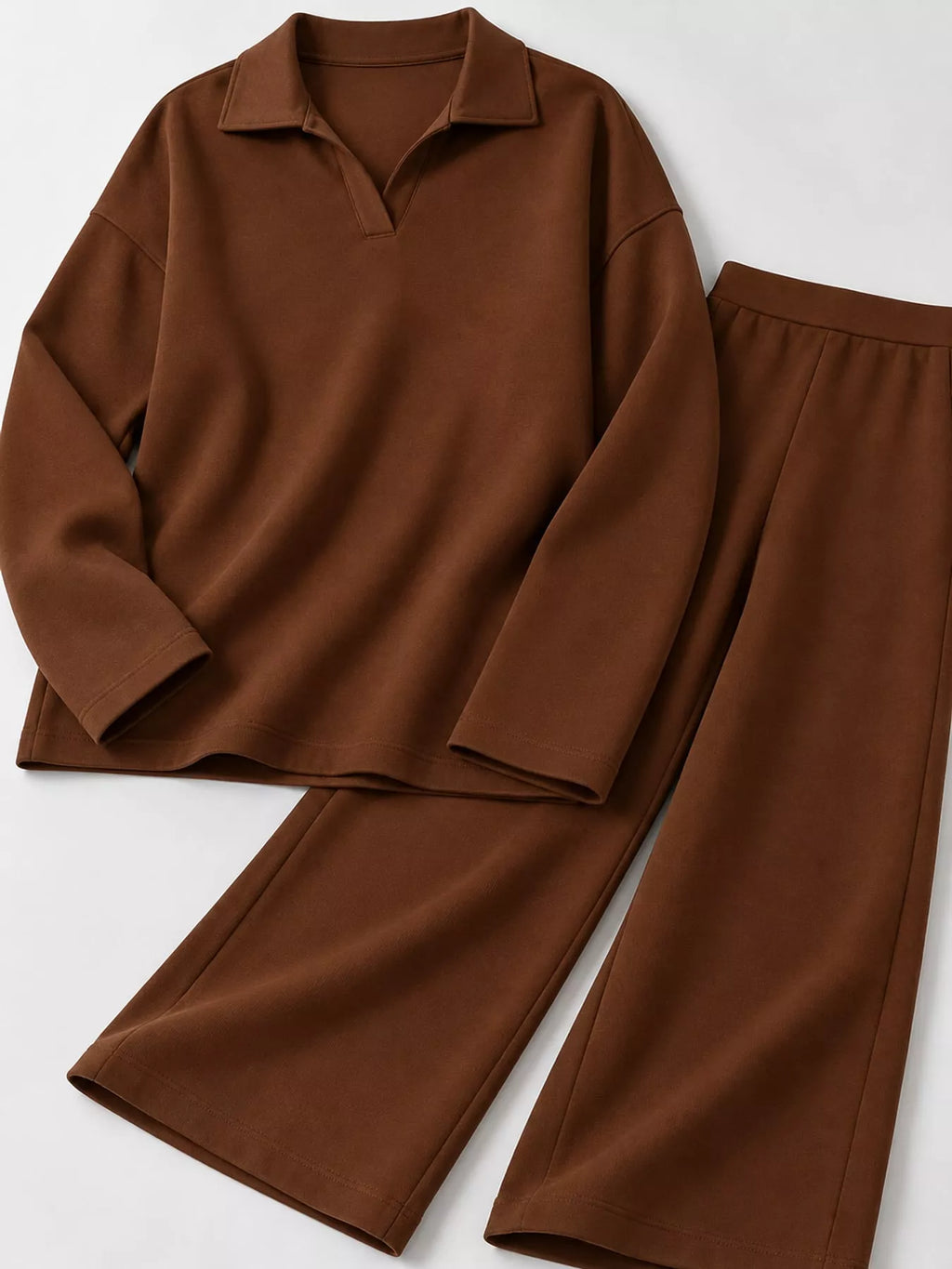 Polo Collar Top and Wide-Leg Pants Set