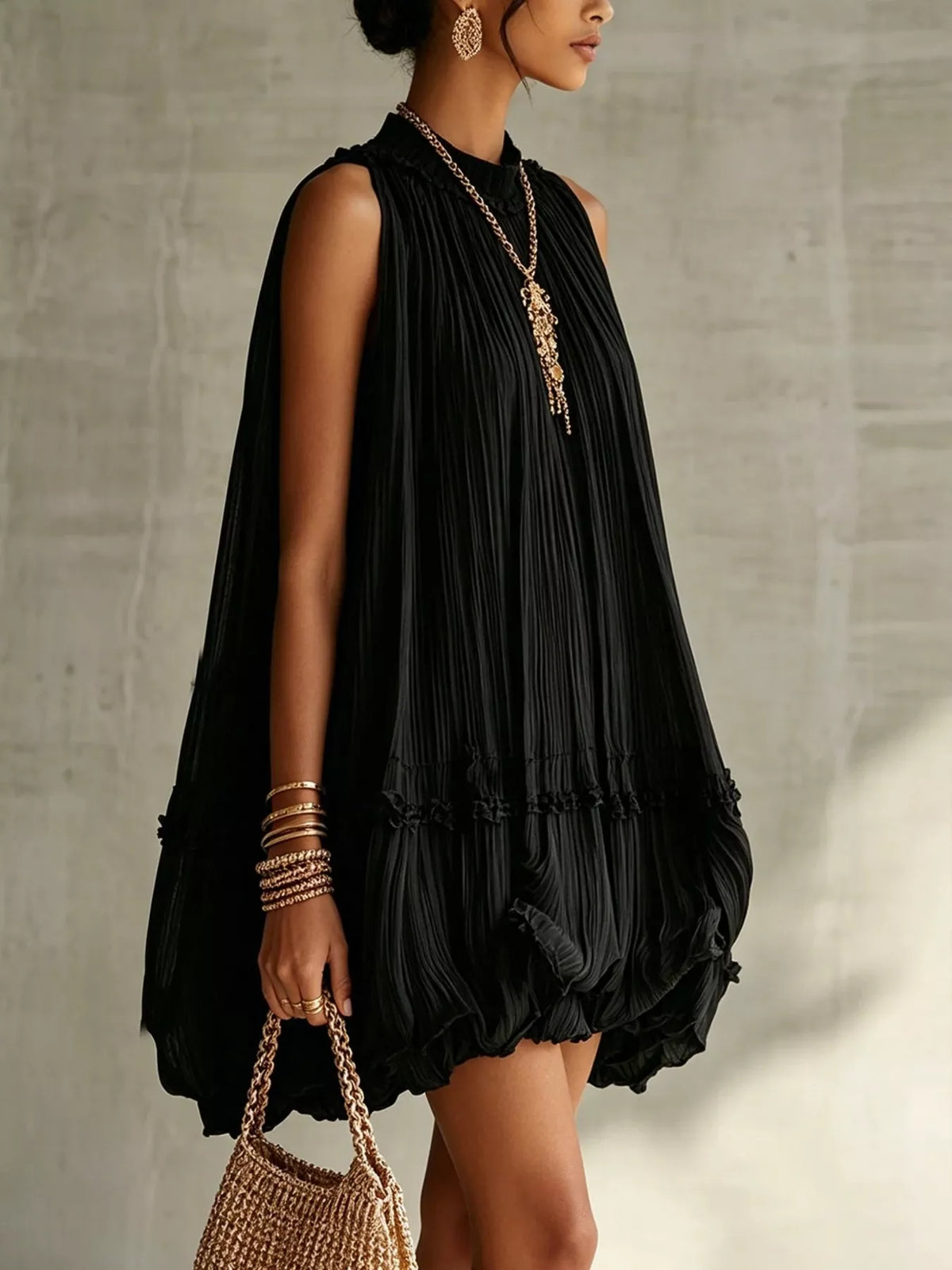 Pleated Mock Neck Sleeveless Mini Dress