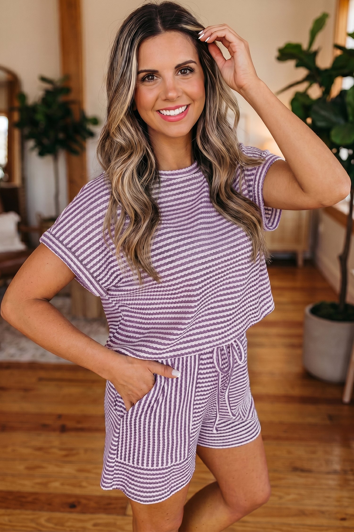 Purple Stripe Breathable Textured Knit Short 2pcs Set