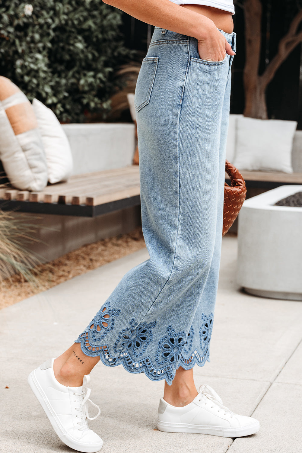 Solid Denim Embroidered Wide Leg Jeans
