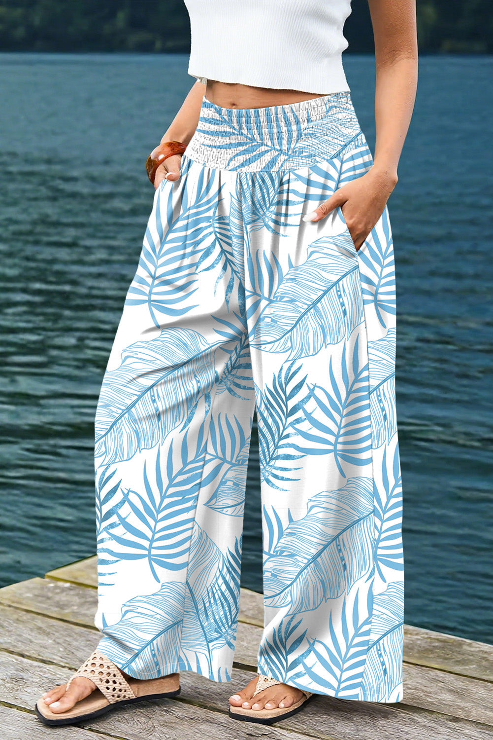 Sky Blue Botanic Print Shirred Waistband Wide Leg Pants