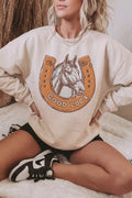 GOOD LUCK Western Horse Print Oversized Pullover Sweatshirt