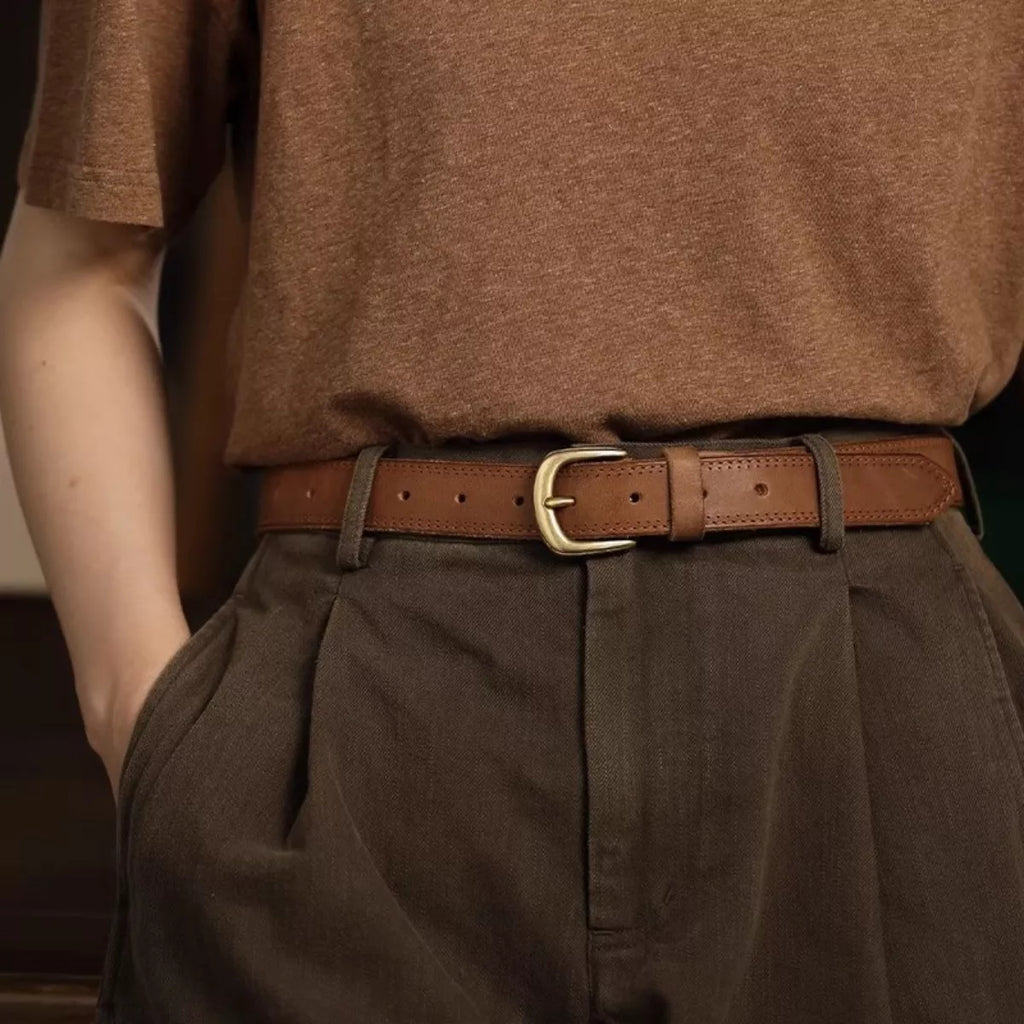 Classic Leather Belt with Golden Buckle