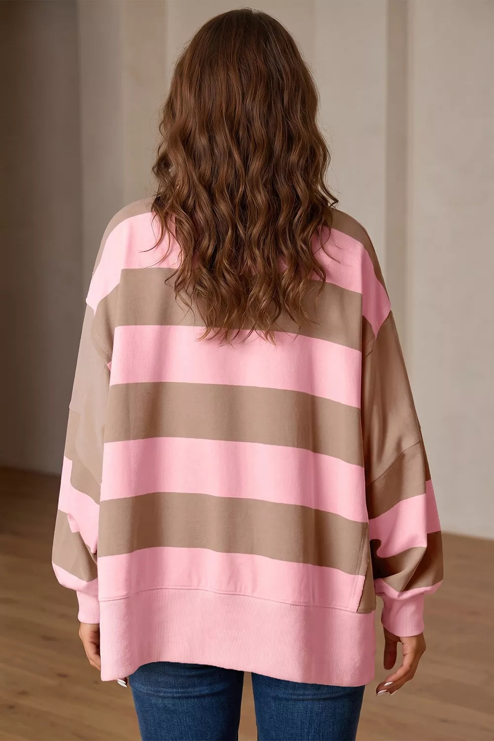 Striped Colorblock Patch Pocket Split Hem Oversized Long Sleeve Sweatshirt