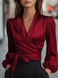 Elegant Satin Wrap Blouse with Bow Detail