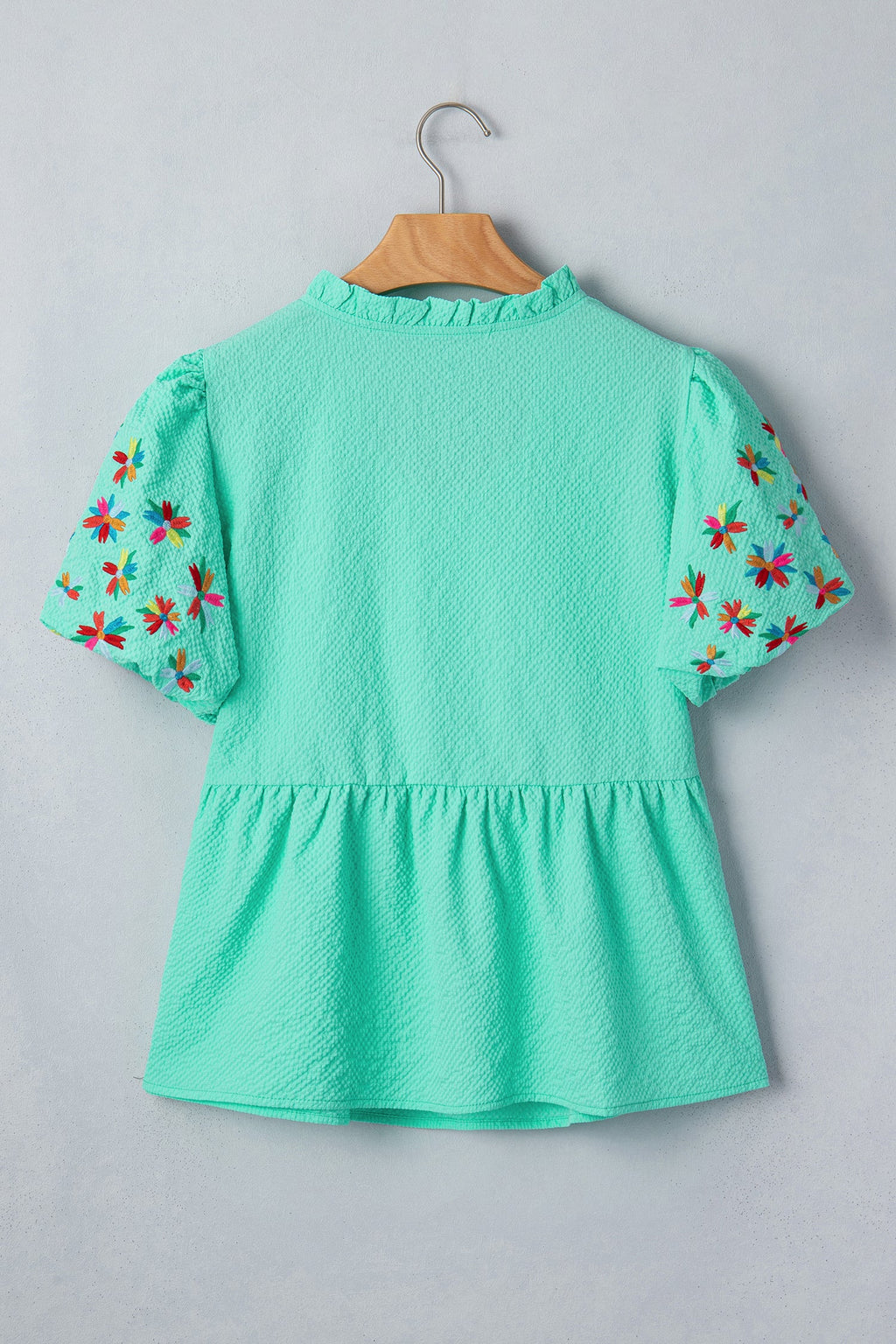 Mint Green Frilled V Neck Flower Embroidered Puff Sleeve Textured Blouse