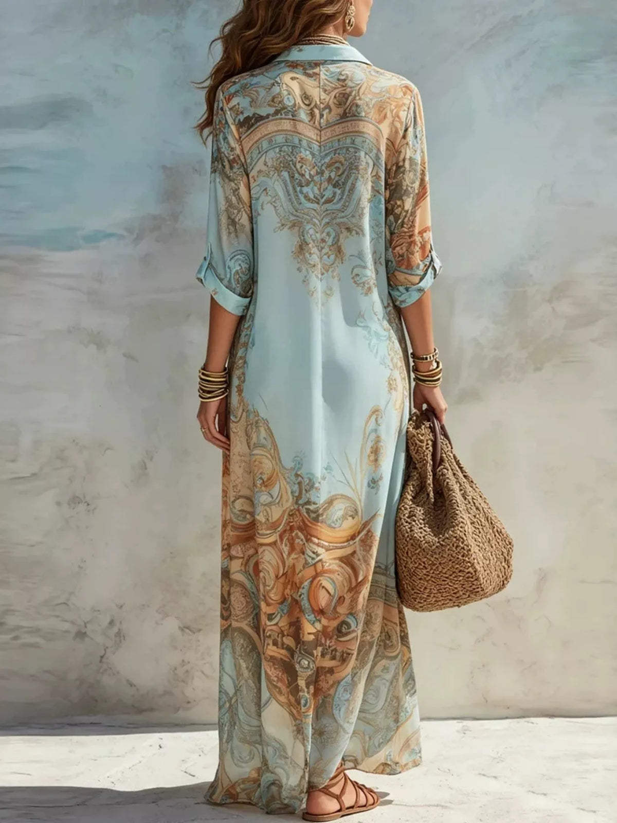Full Size Printed Button-Down Maxi Shirt Dress Plus Size