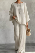 Linen Boat Neck Top and Wide-Leg Pants Set