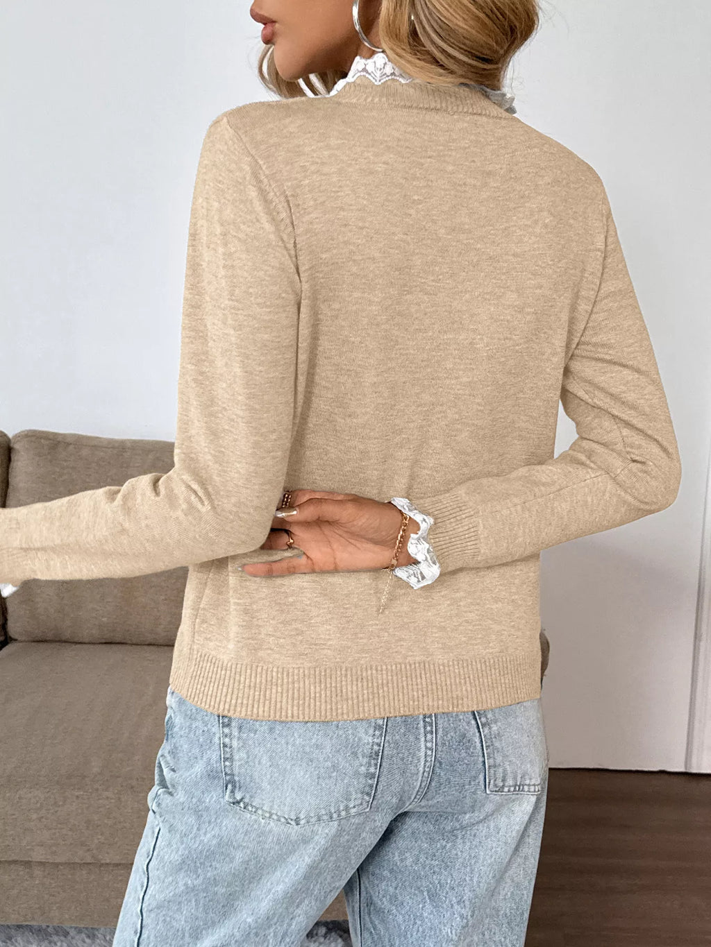 Lace Trim Button Detail Sweater
