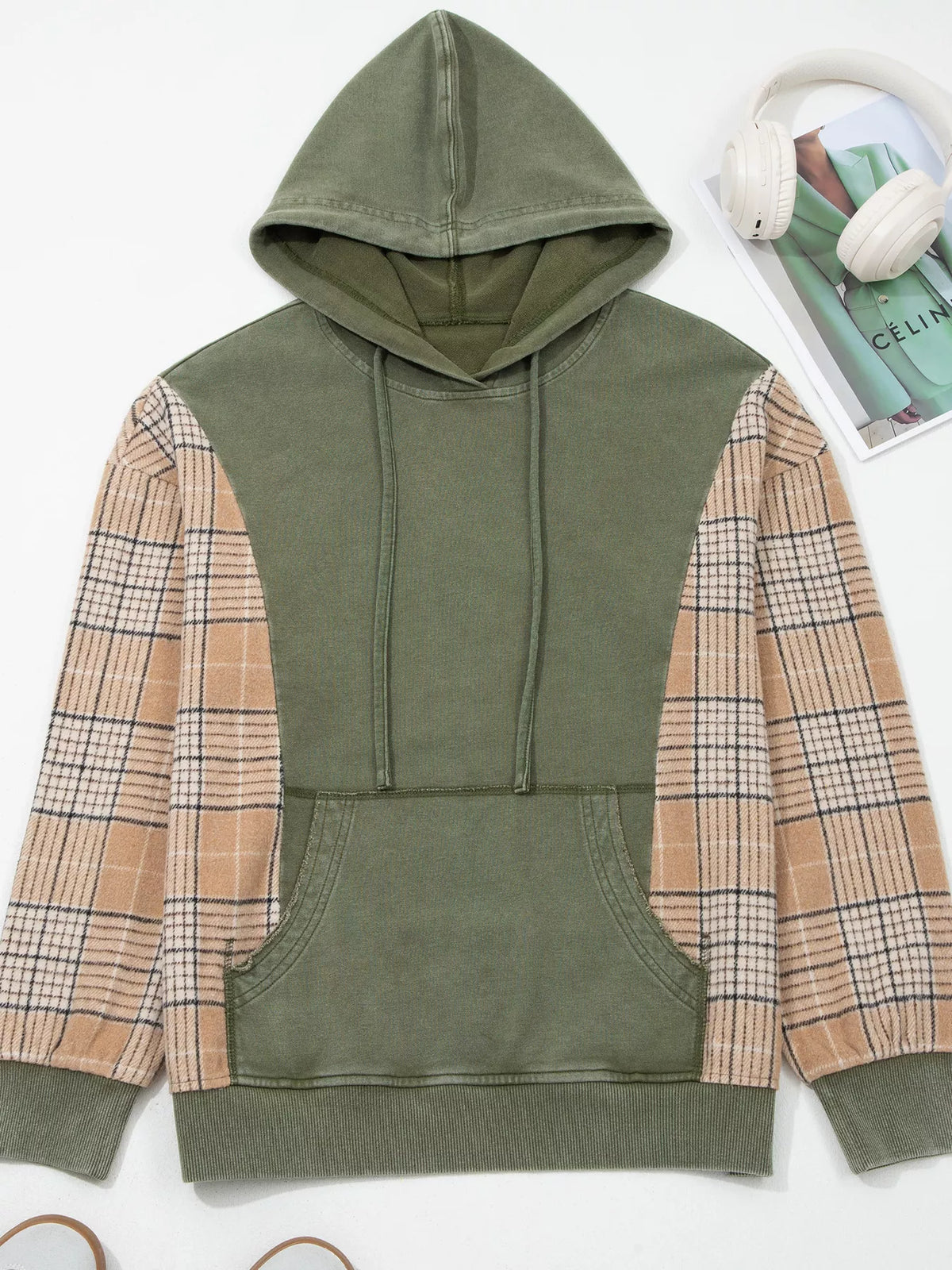 Plaid Sleeve Drawstring Pocket Hoodie