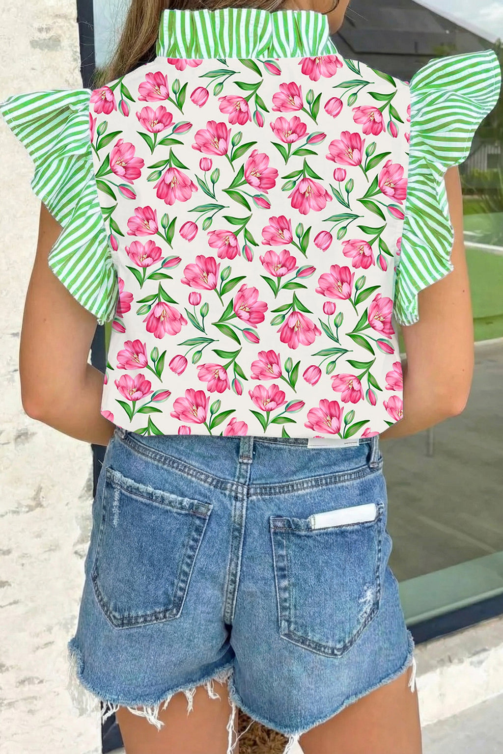 Multicolour Sweet Floral Print Striped Ruffle Trim V Neck Blouse