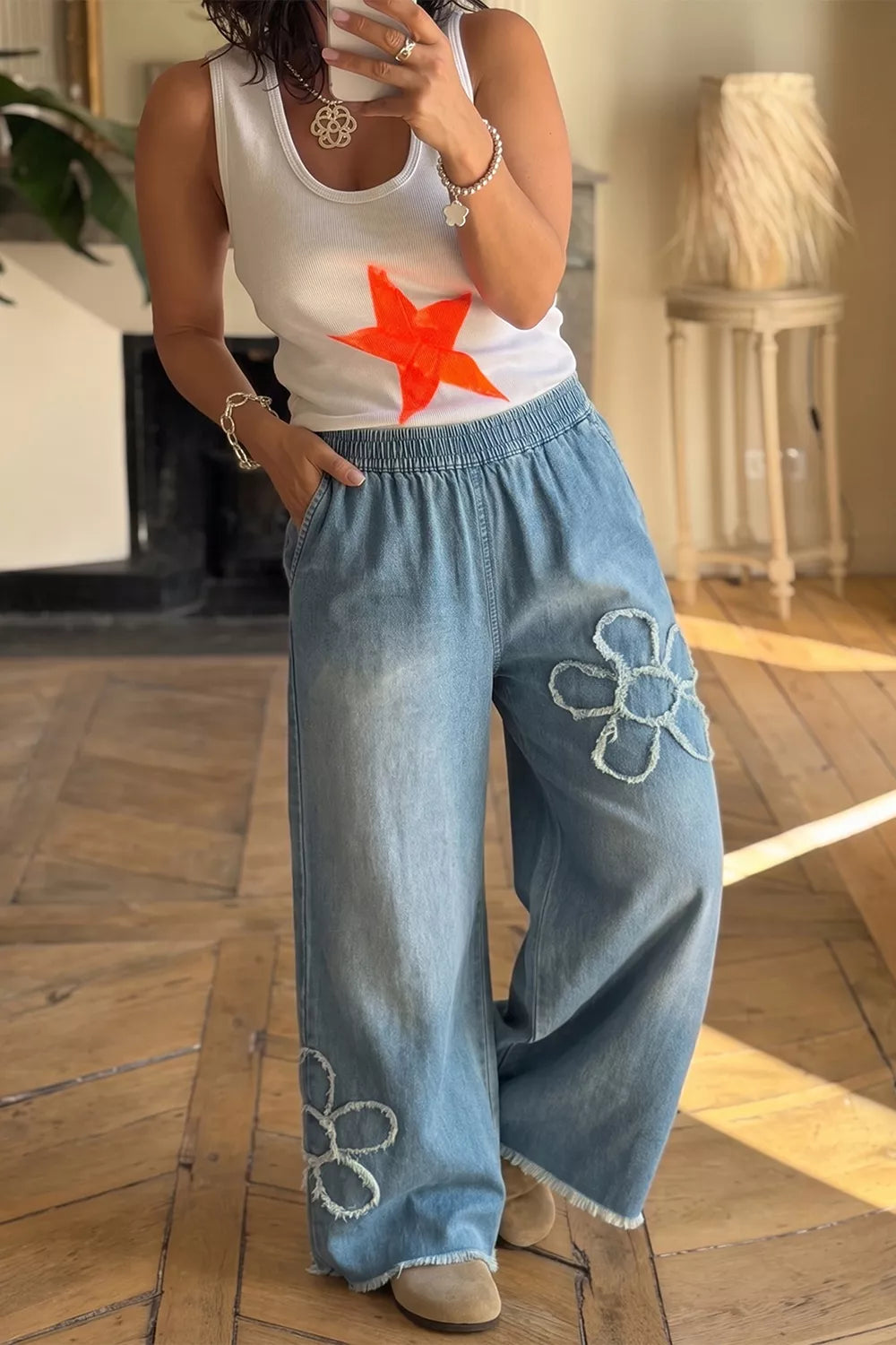 Frayed Floral Patch Wide Leg Raw Hem Wide Leg Jeans