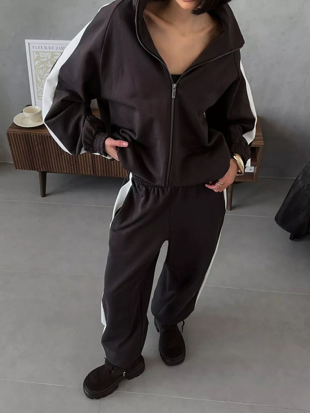 Contrast Side Stripe Zip Up Top and Pants Set