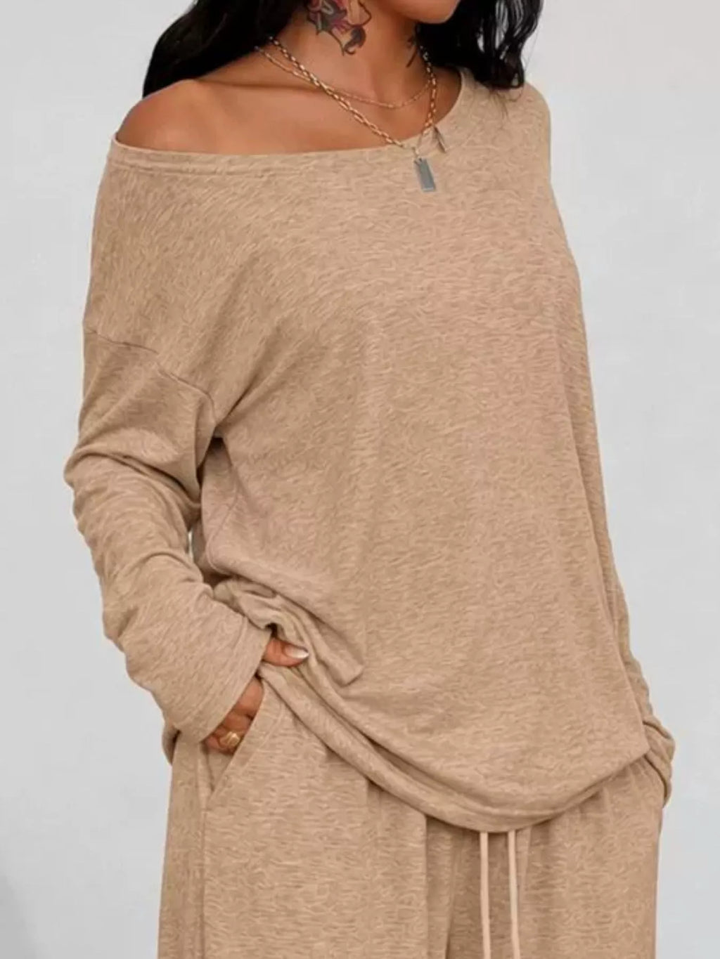 Full Size Comfortable Loose Fit One-Shoulder T-Shirt and Pants Set Plus Size