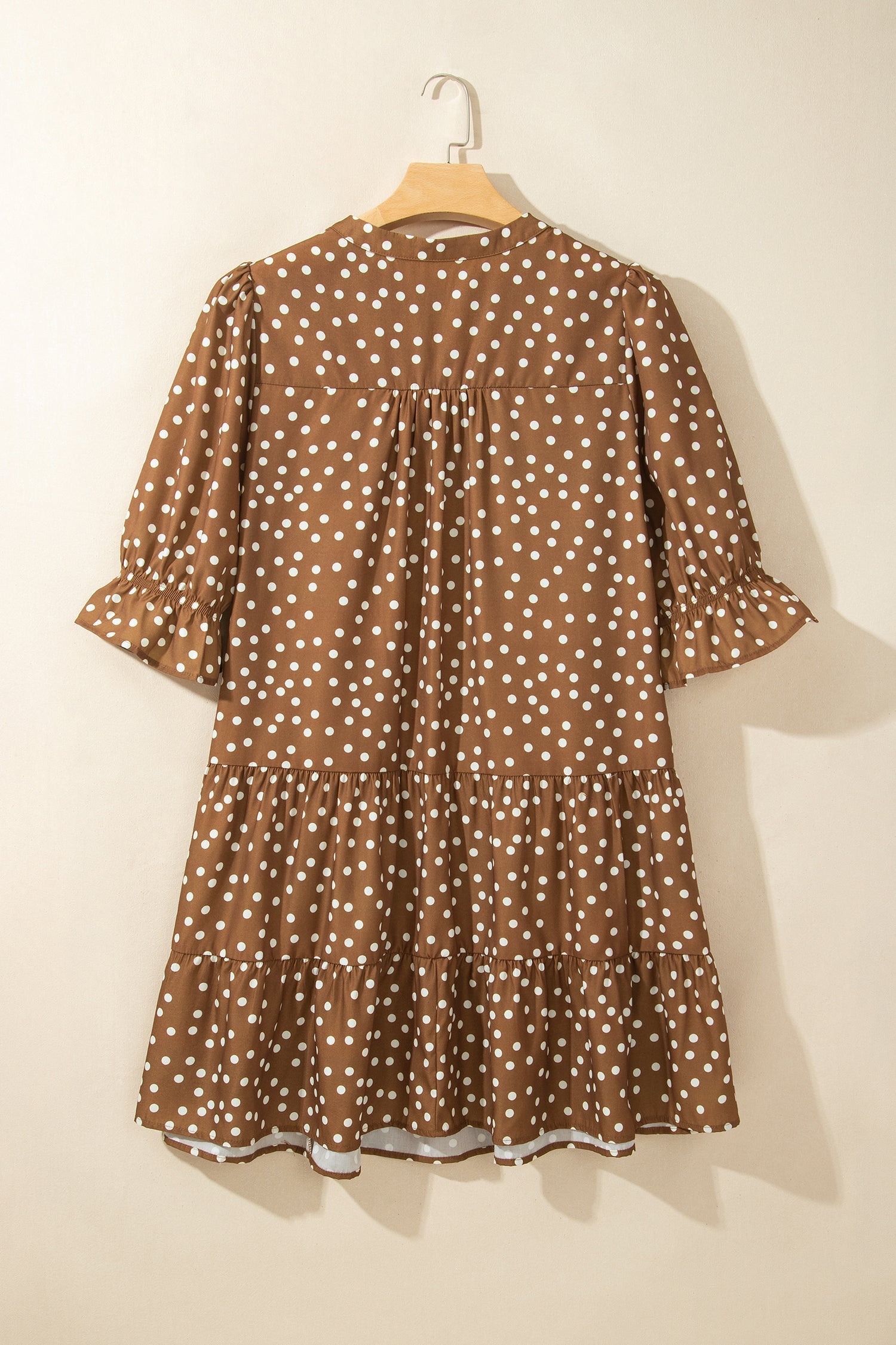 Brown V Neck Polka Dot Long Sleeve Shift Plus Size Dress