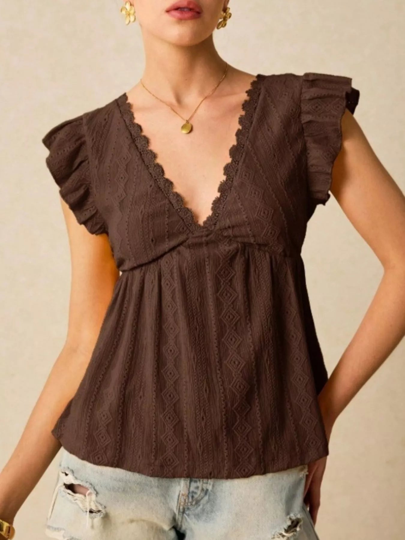 Ruffle Sleeve V-Neck Blouse
