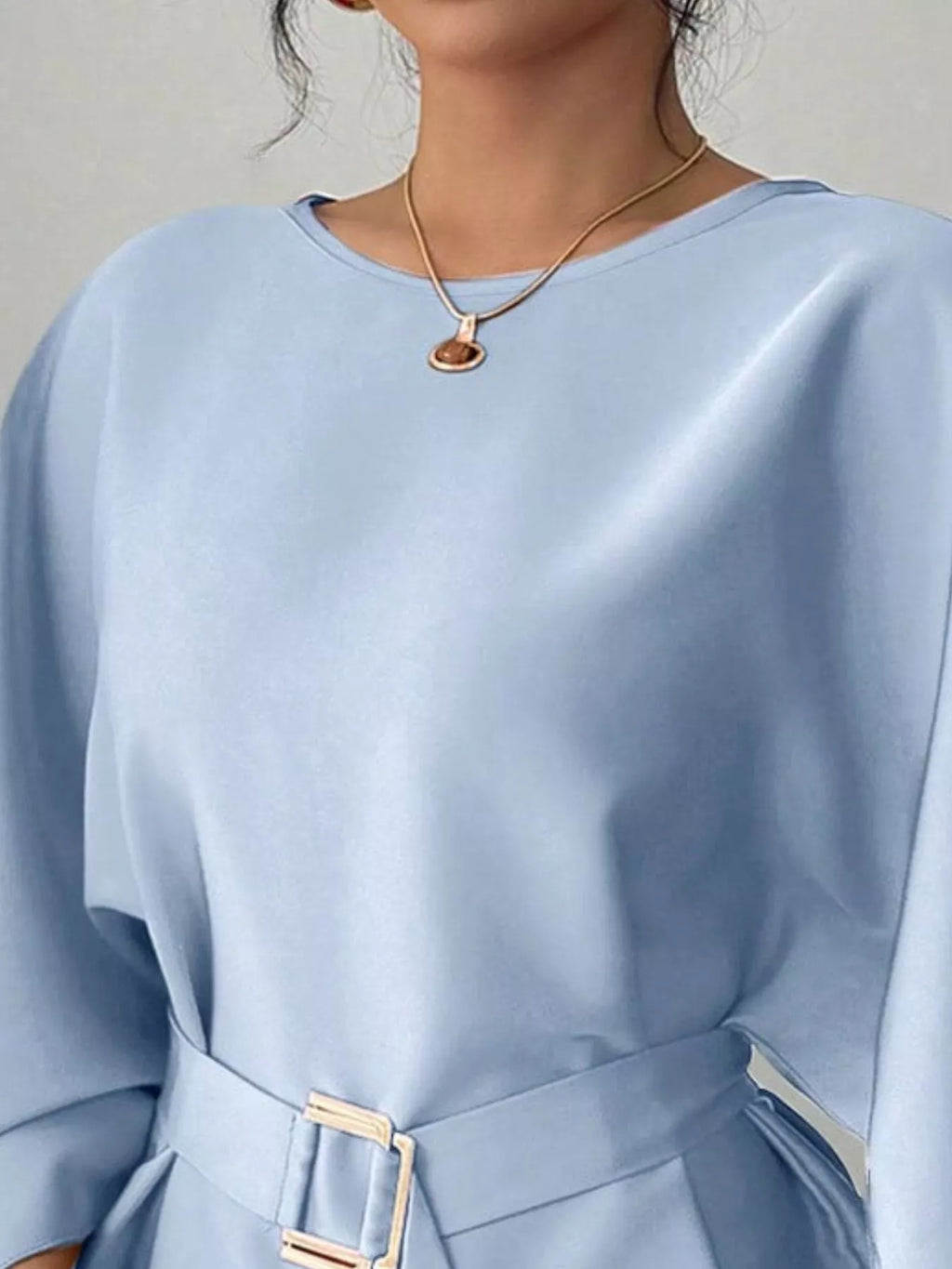 Round Neck Belt Batwing Sleeve Blouse