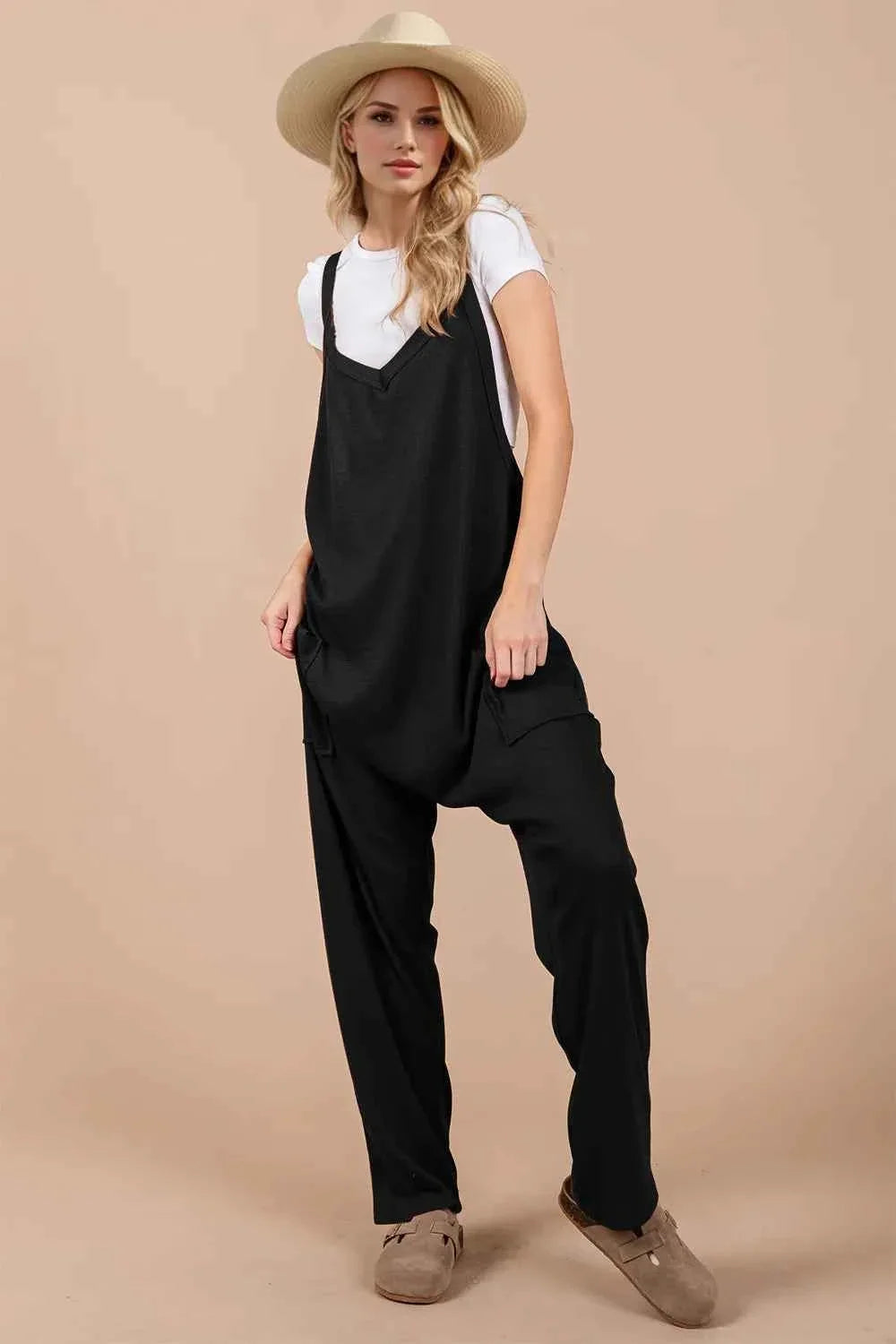 V-Neck Wide Strap Cotton-Blend Overalls with Pockets