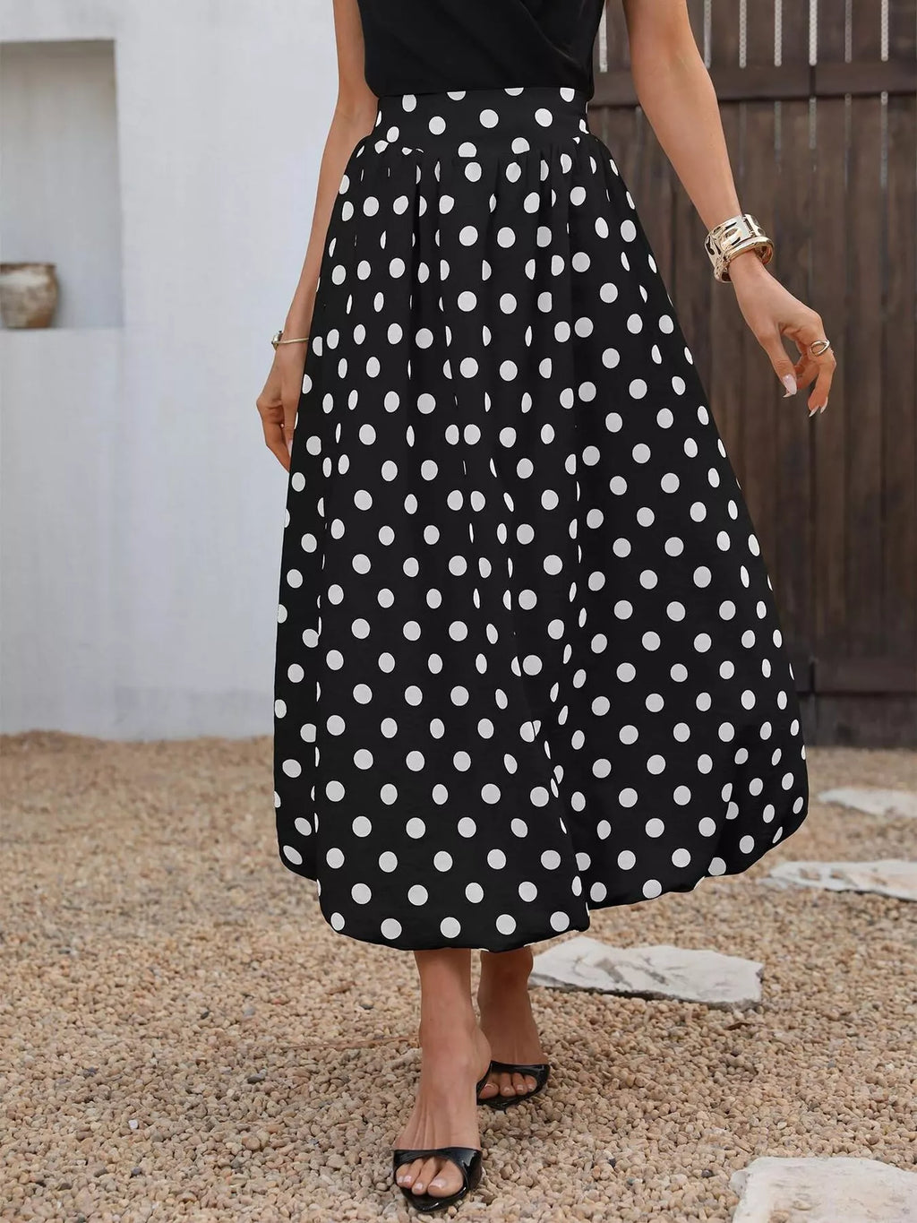 High-Waisted Polka Dot A-Line Midi Skirt