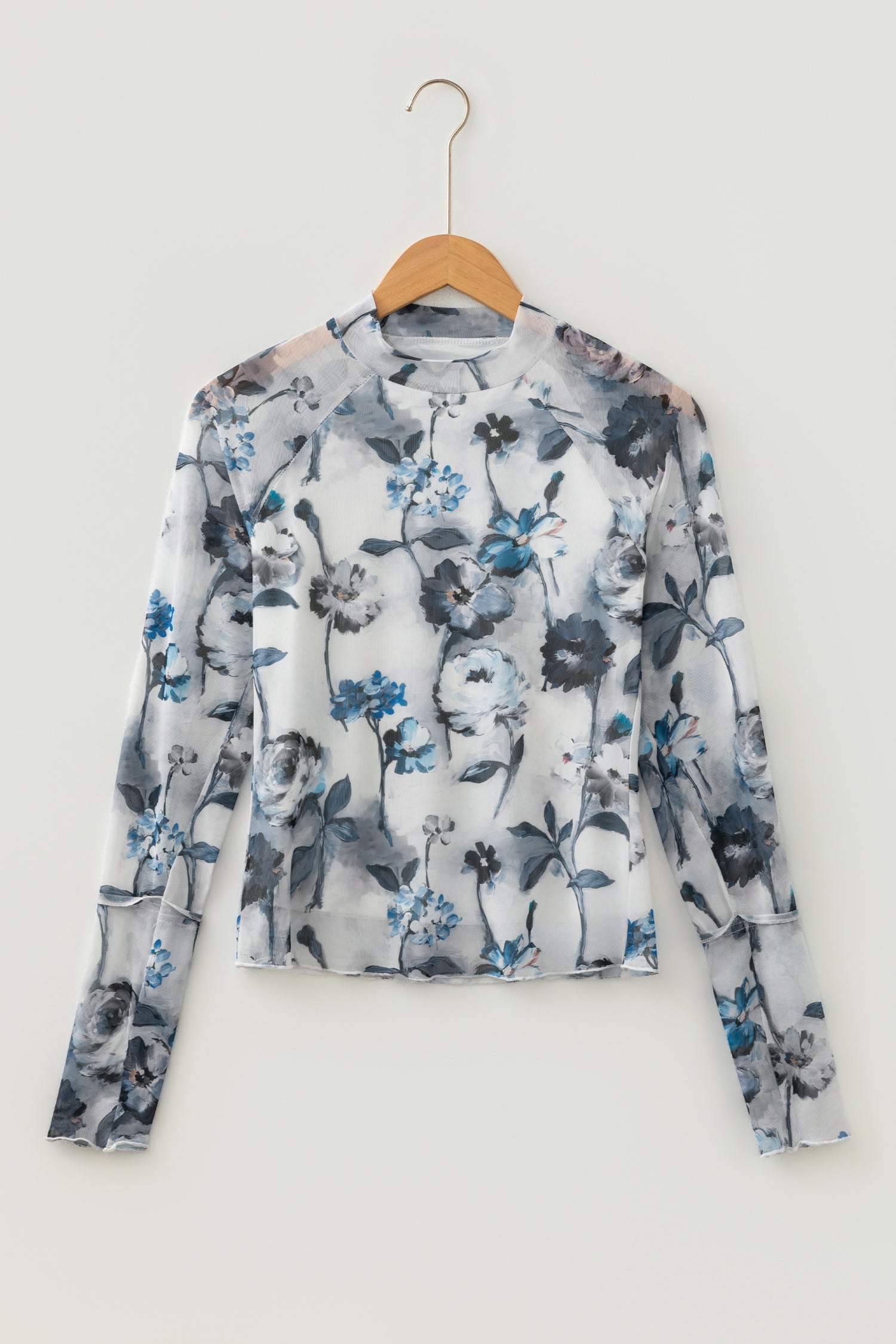 Sky Blue Floral Mesh High Neck Long Sleeve Sheath Top