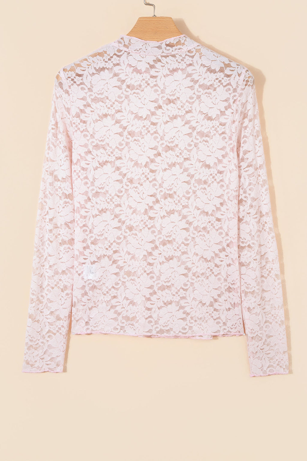 Light Pink Floral Lace Long Sleeve Stand Neck Pullover Top
