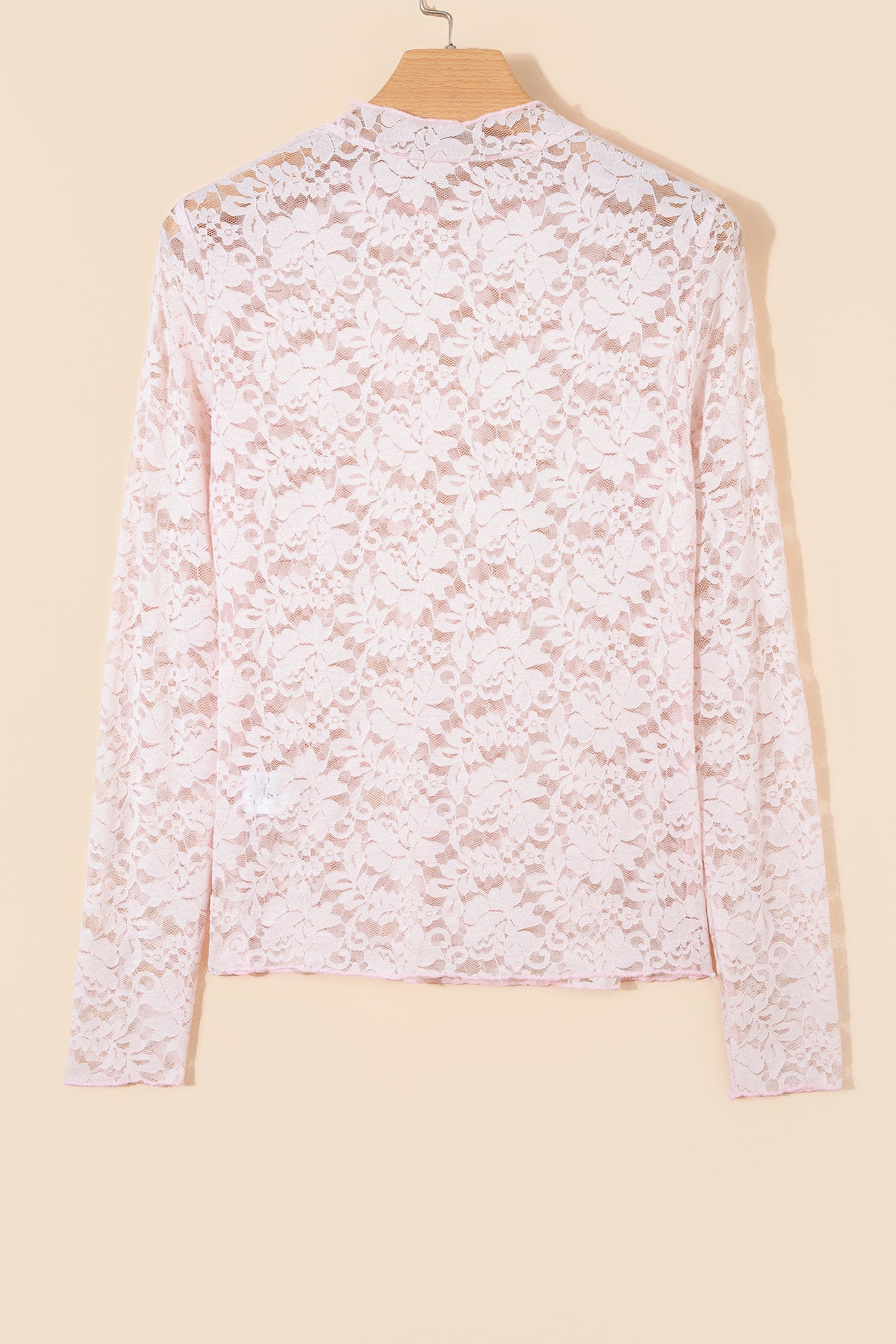 Light Pink Floral Lace Long Sleeve Stand Neck Pullover Top