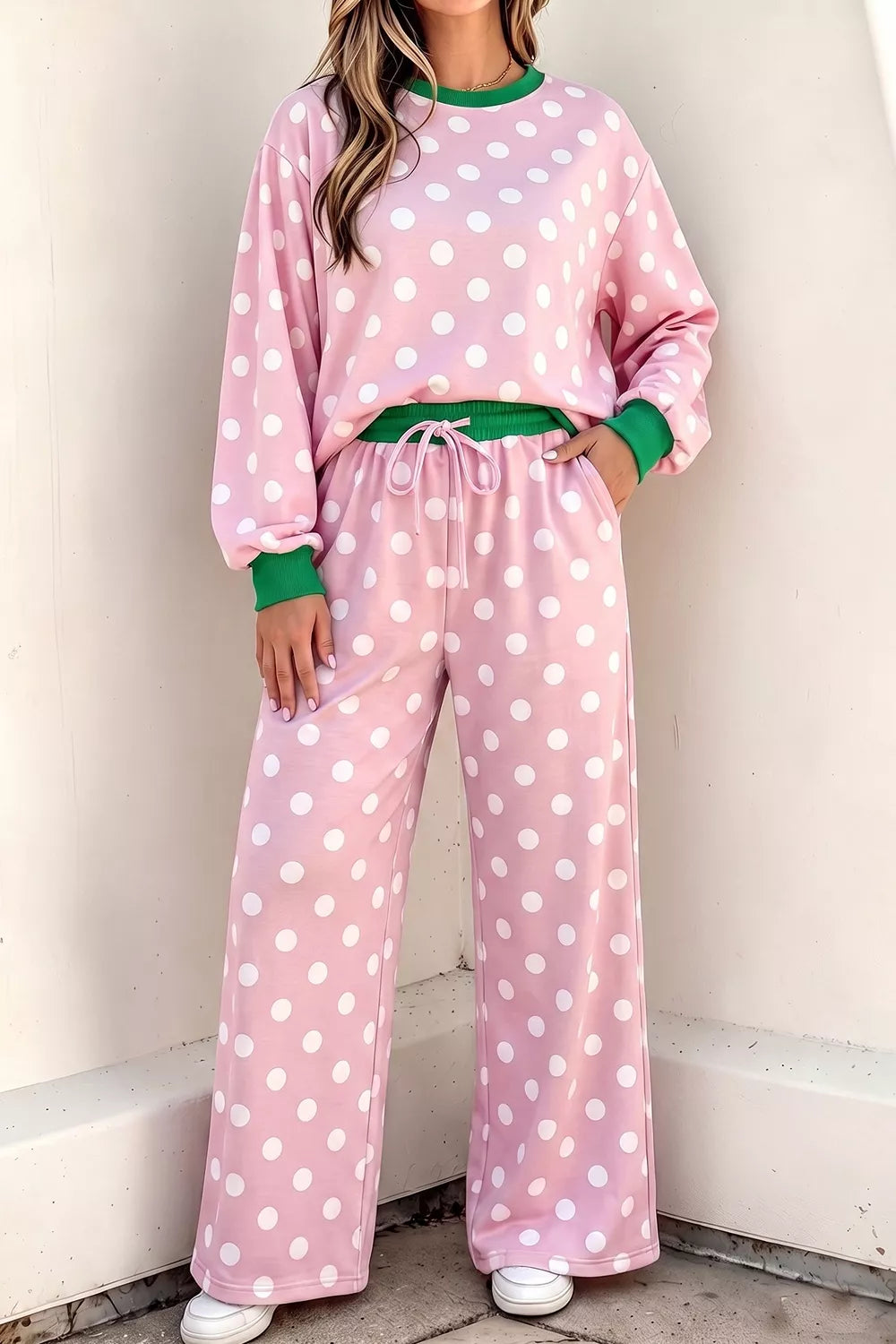 Polka Dot Long Sleeve Top and Wide Leg Pants Set