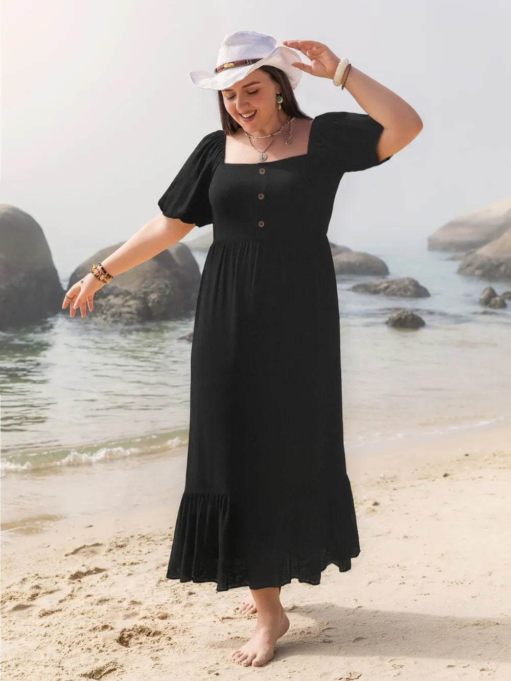 Ruffled Hem Square Neck Short Sleeve Dress