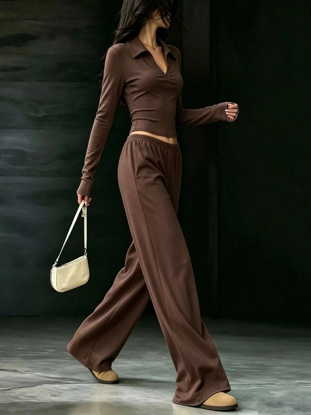 Long-Sleeve Polo Top and Wide-Leg Pants Set