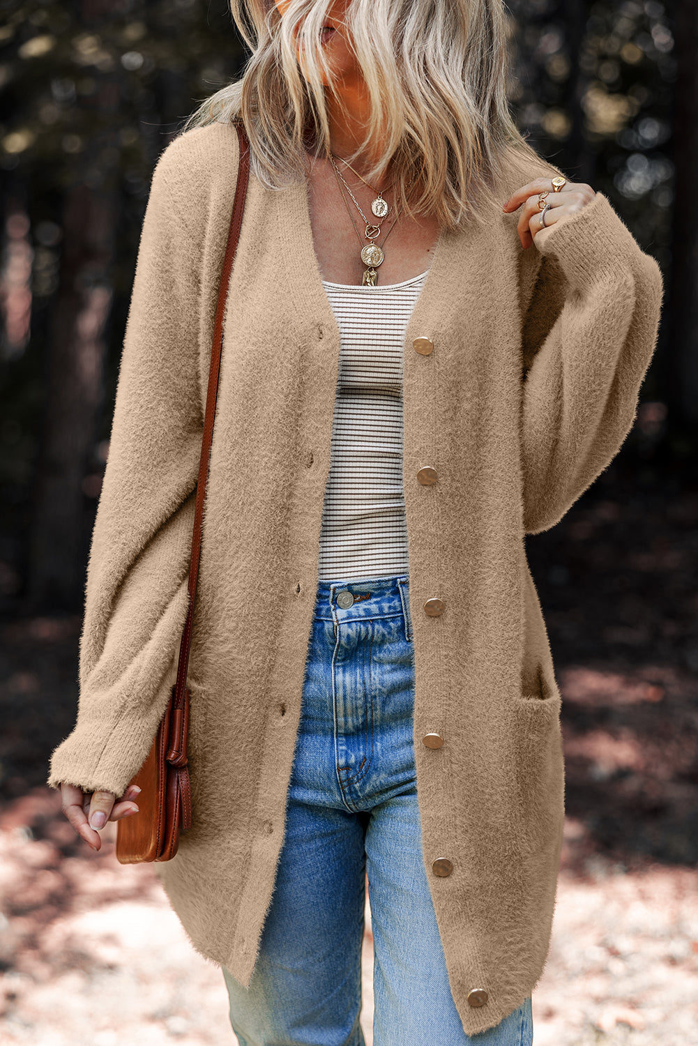 Solid Fuzzy Button-Front Cardigan