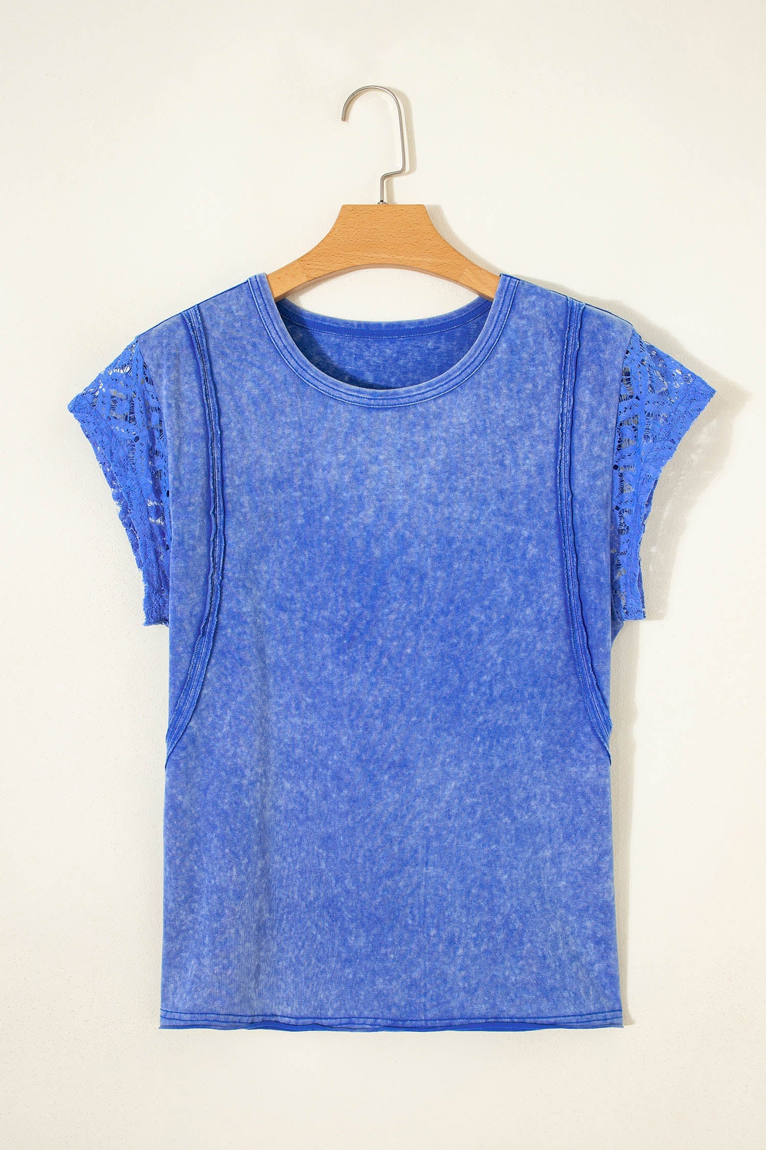 Sky Blue Mineral Wash Raw Seam Lace Sleeve Cotton Tee
