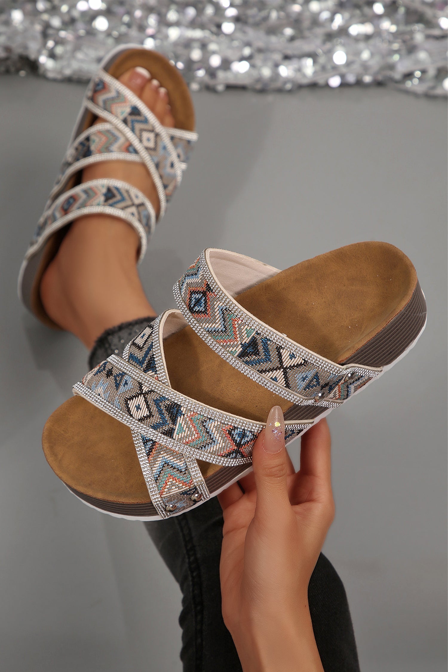 Color black Tribal Geometric Rhinestone Embellished Strappy Hollowed Platform Slippers