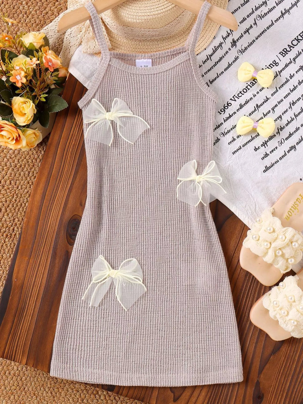 Children's Ribbed Knit Spaghetti Strap Dress with Bow