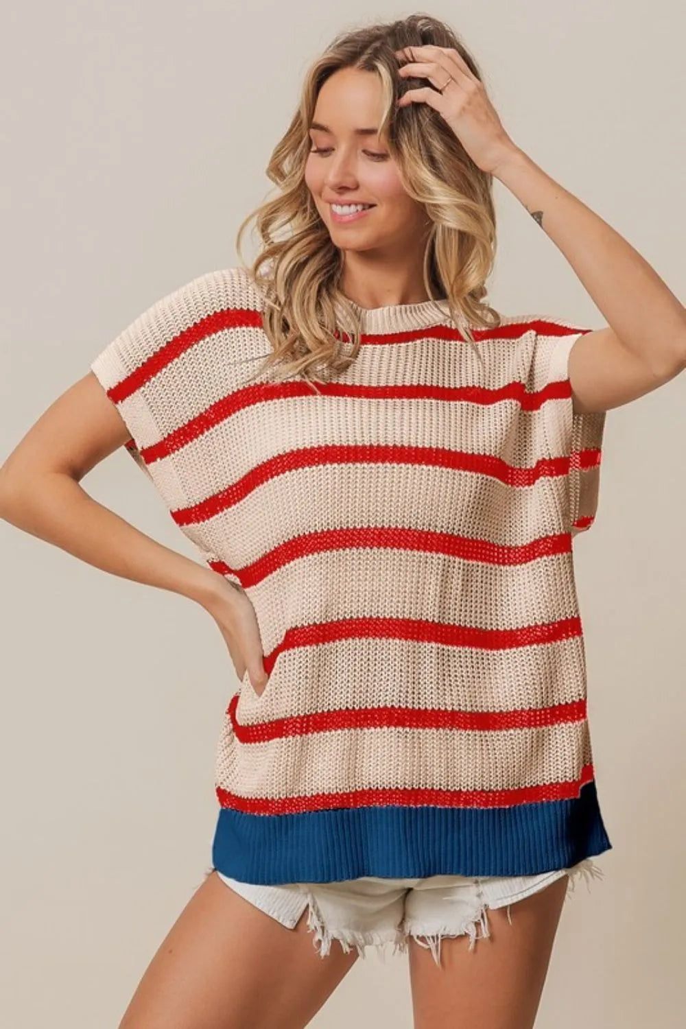 Striped Drop Shoulder Cotton Sweater for Fourth of July