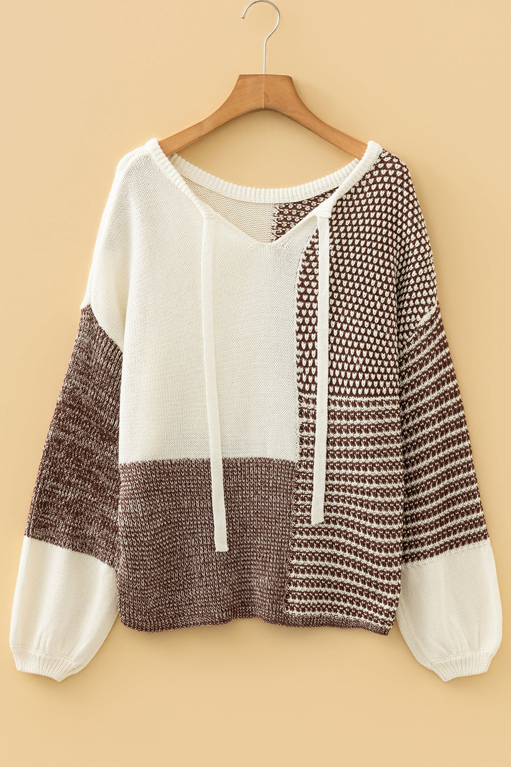 Dark Khaki Color Block Back Tie Drop Shoulder Loose Sweater