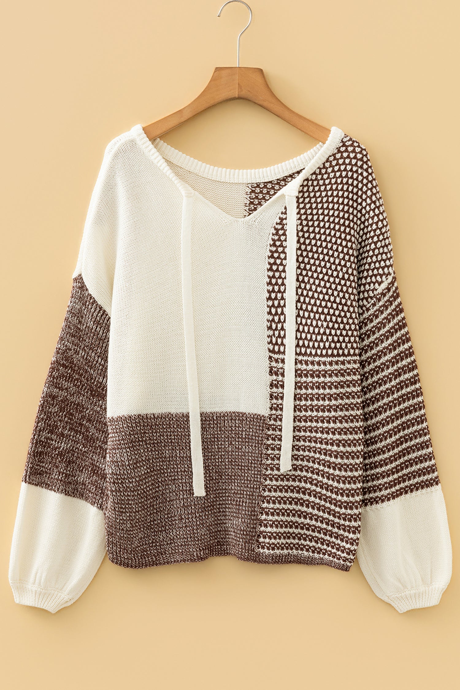 Dark Khaki Color Block Back Tie Drop Shoulder Loose Sweater