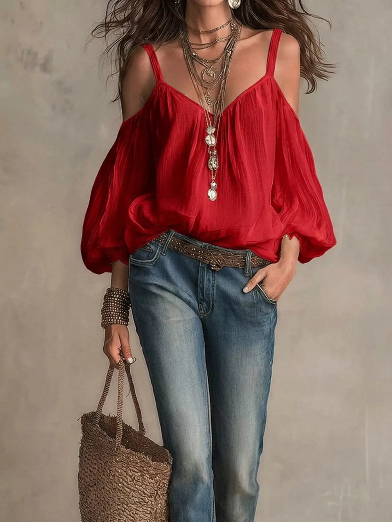 Cold Shoulder Balloon Sleeve Blouse