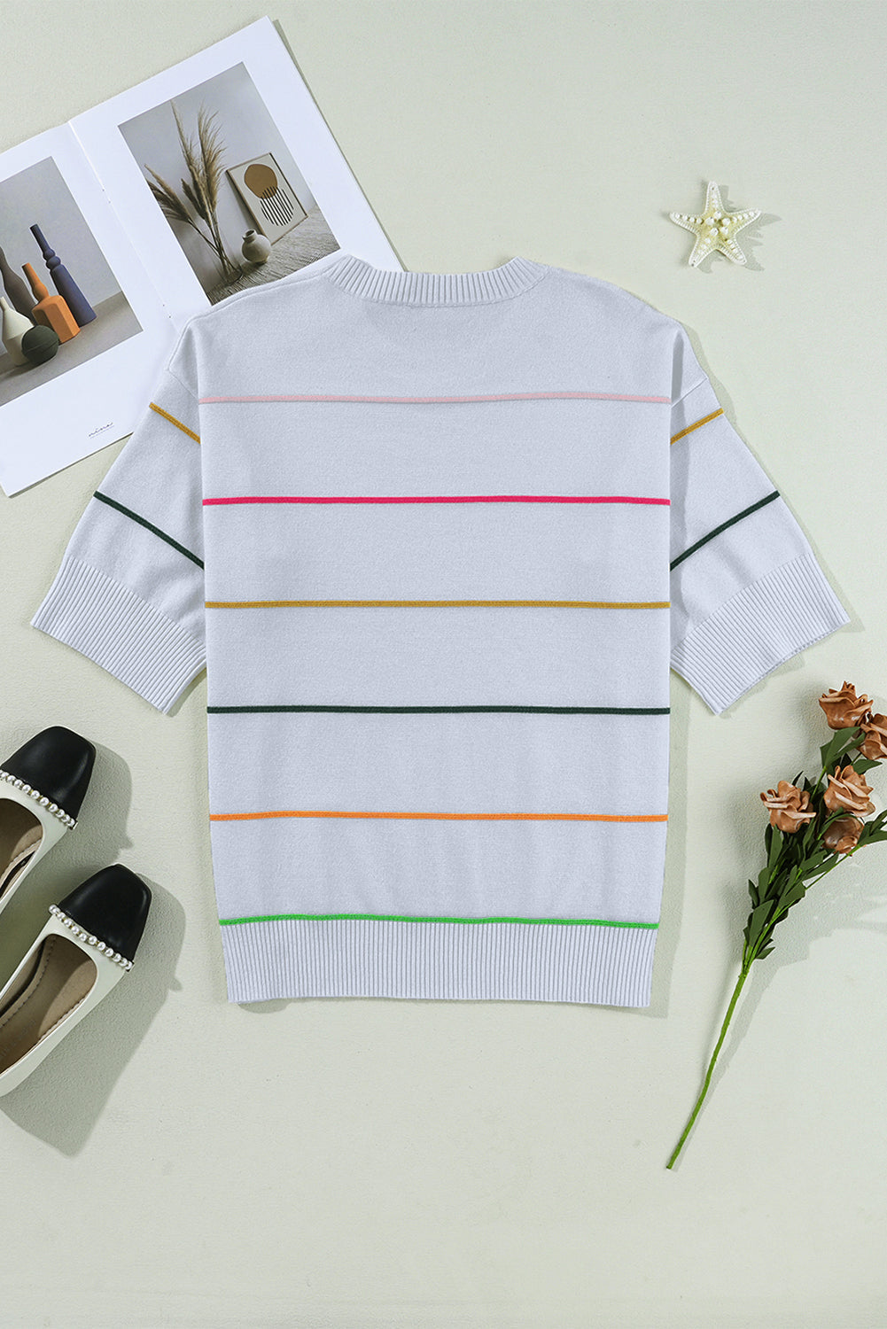 Beau Blue Colorblock Striped Half Sleeve Drop Shoulder Sweater