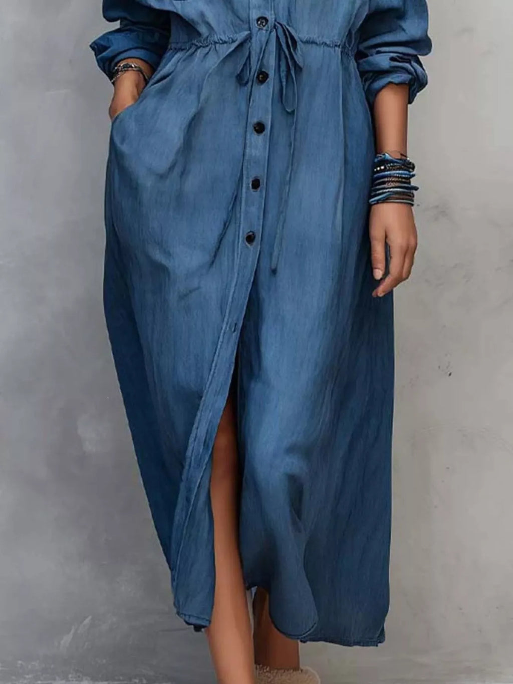 Full Size Button Front Long Sleeve Shirt Dress Plus Size