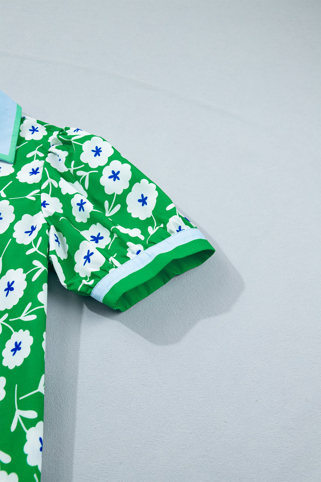 Green Flower Printed Contrast Patchwork Collar Short Sleeve Blouse