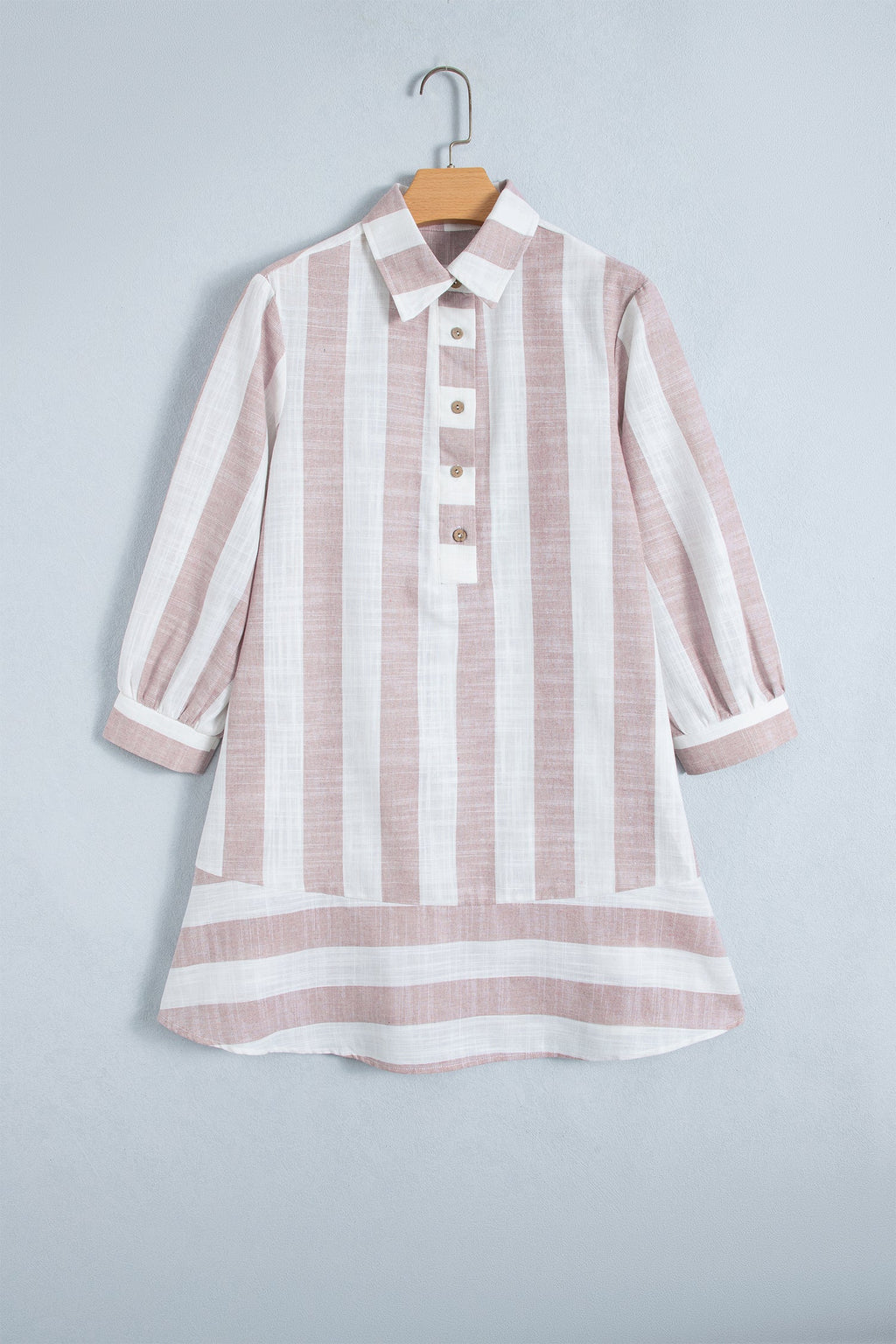 Khaki Stripe Striped Button-Up Three-Quarter Sleeve Short Shift Dress