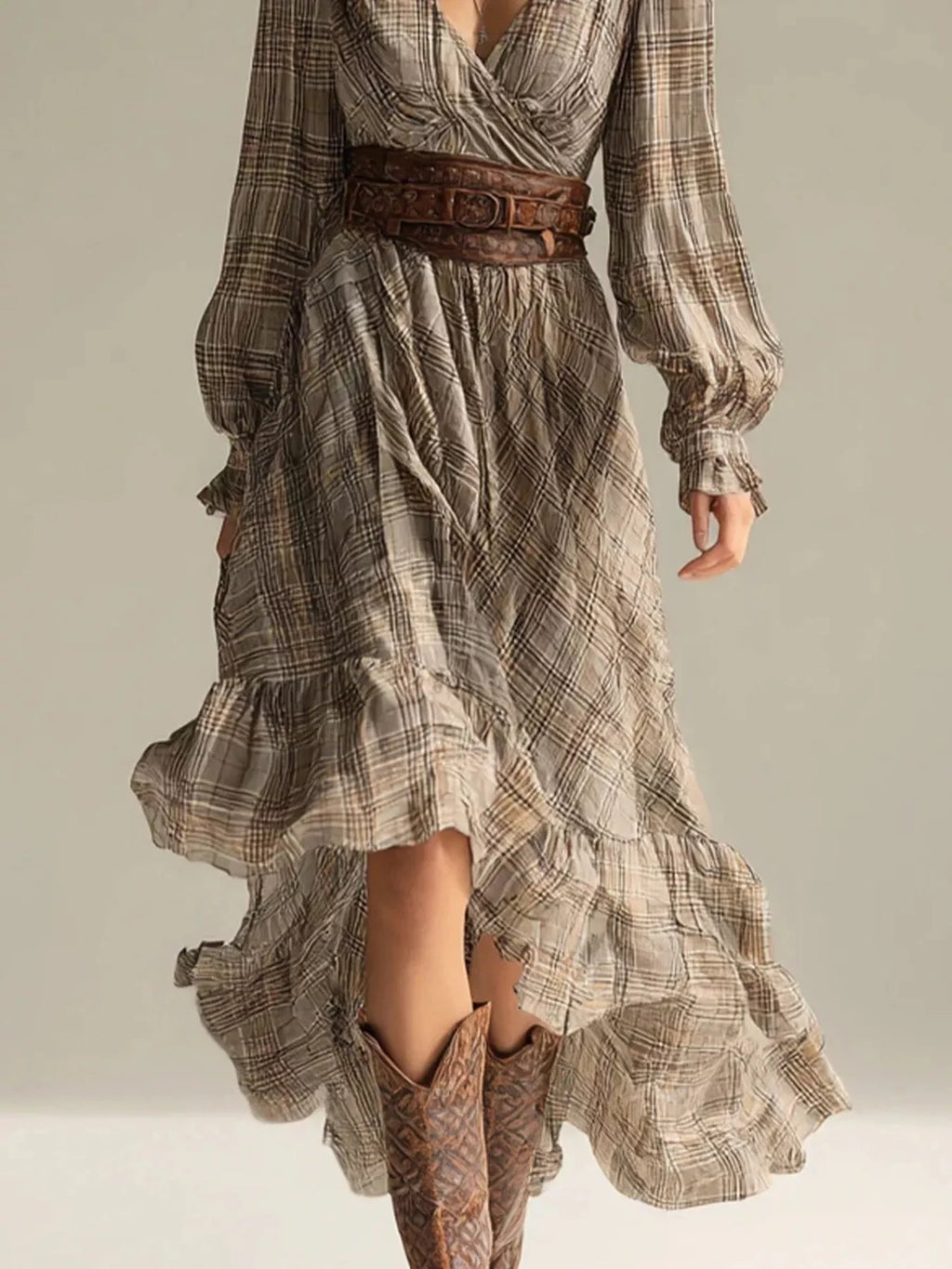 Plaid High-Low Long Sleeve Dress