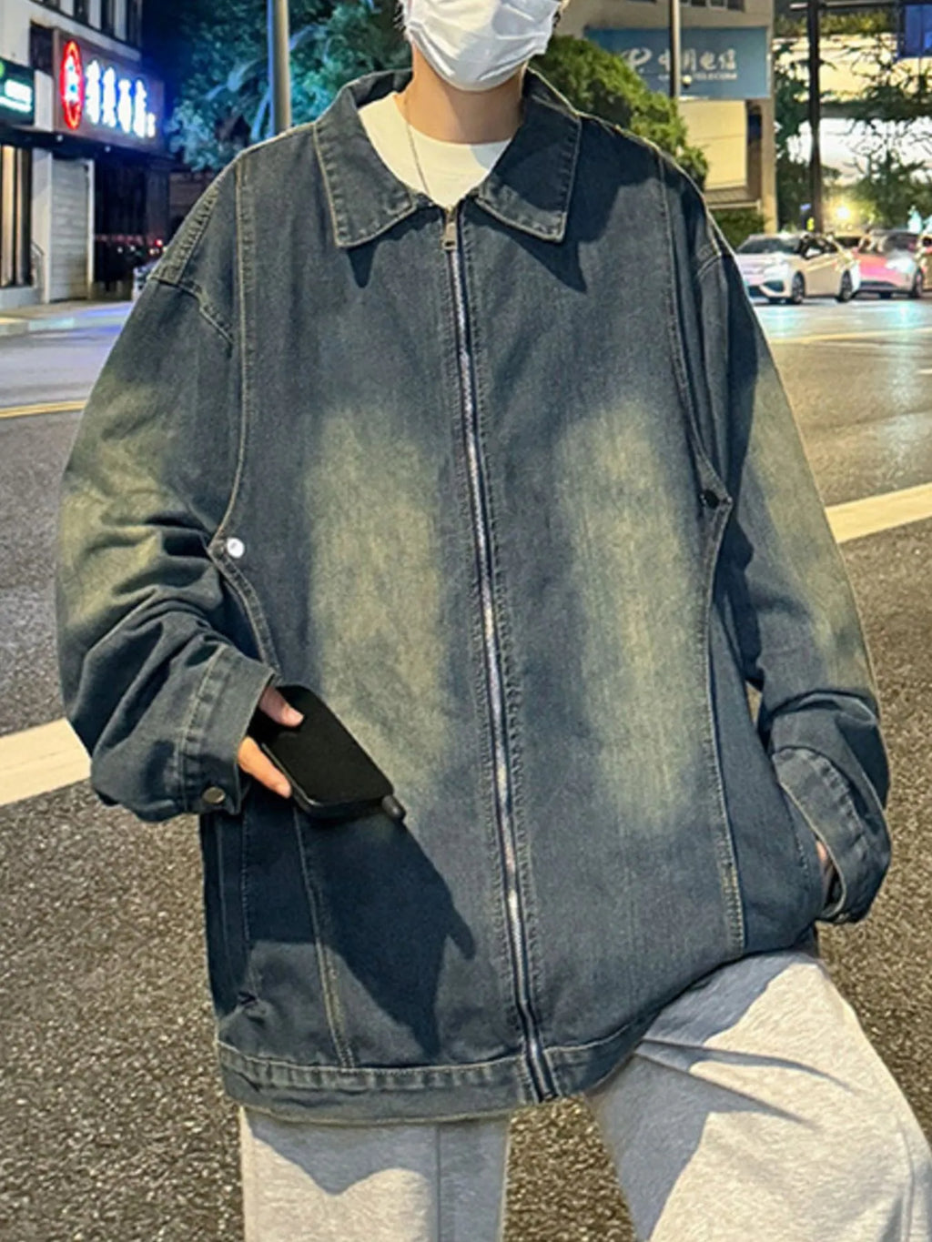 Men's Full Size Zip Up Long Sleeve Denim Jacket Plus Size