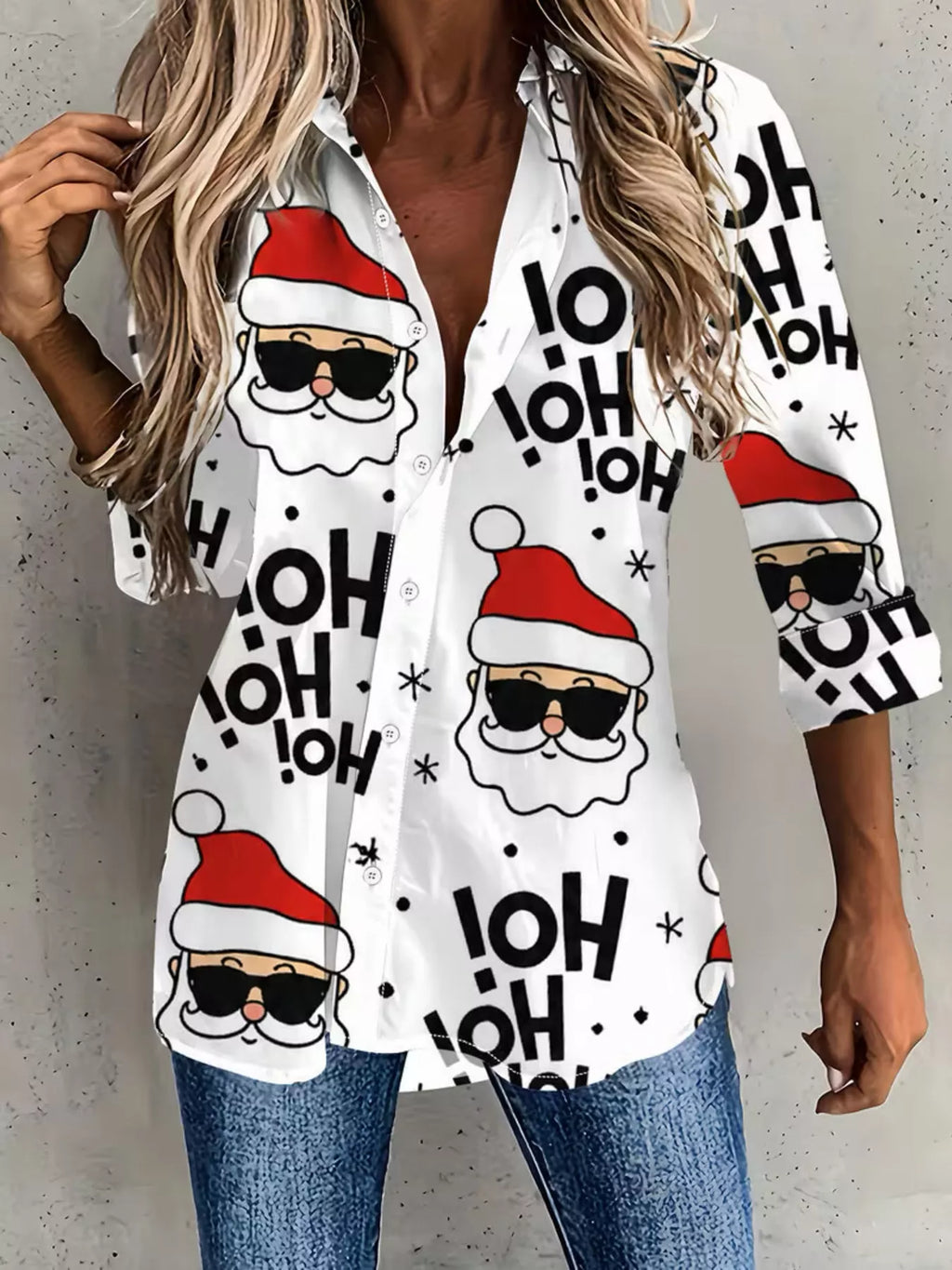 Full Size Christmas Santa Claus Print Button-Down Shirt Plus Size