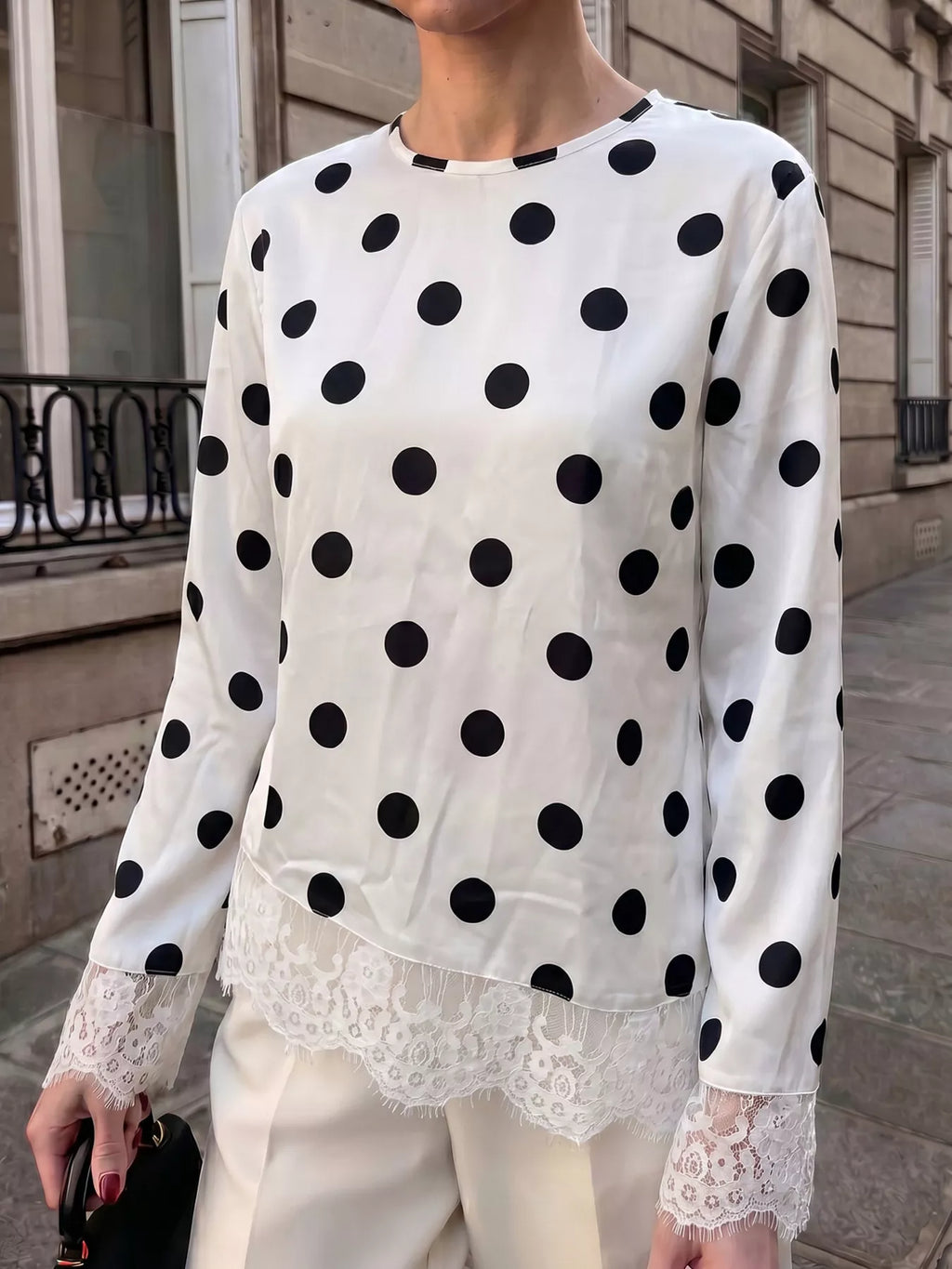Polka Dot Satin Top with Lace Trim