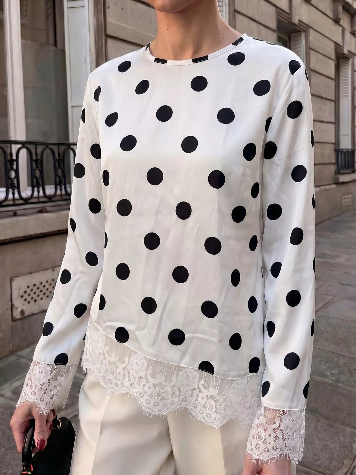 Polka Dot Satin Top with Lace Trim