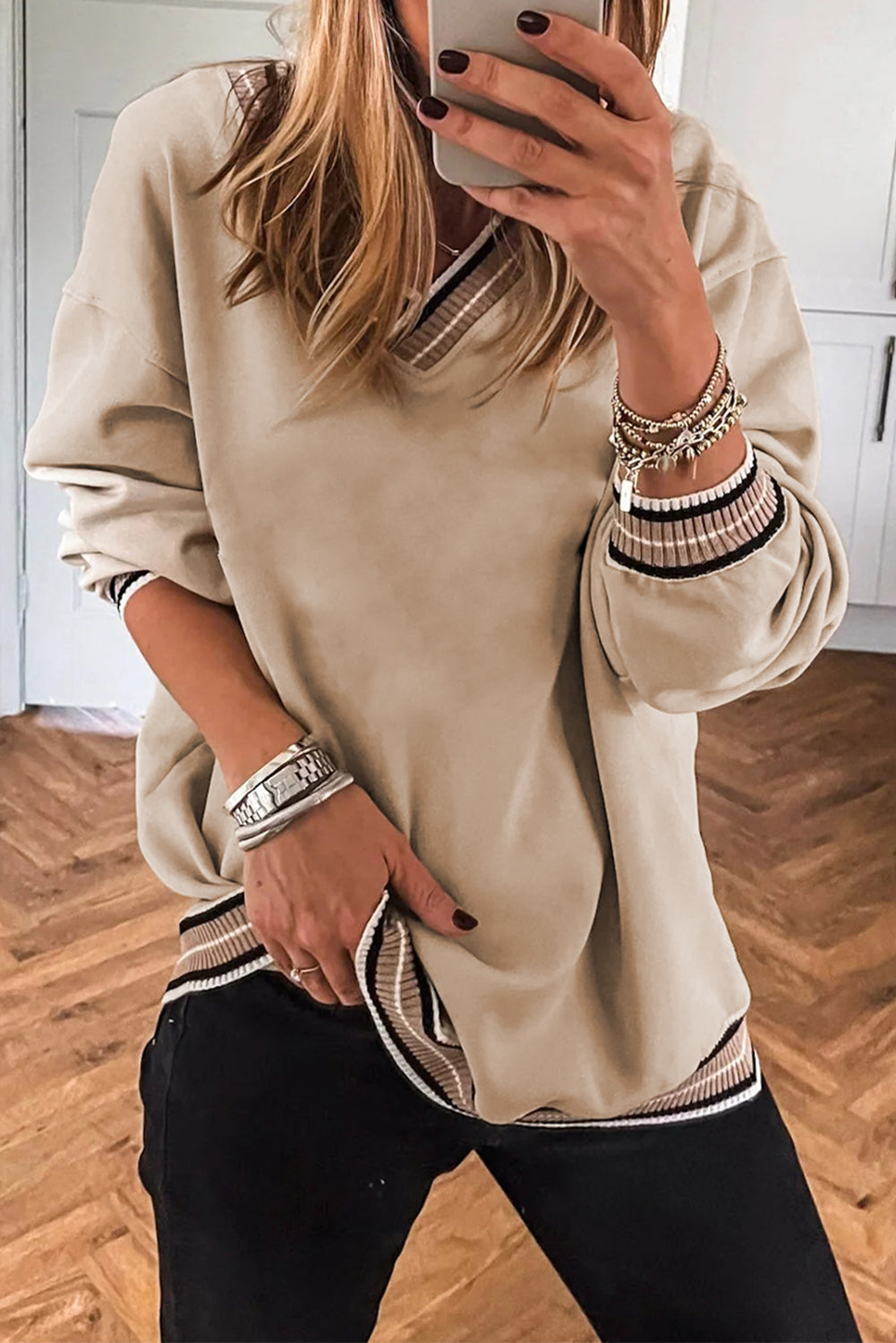 Parchment Varsity Contrast Striped Trim V Neck Sweatshirt