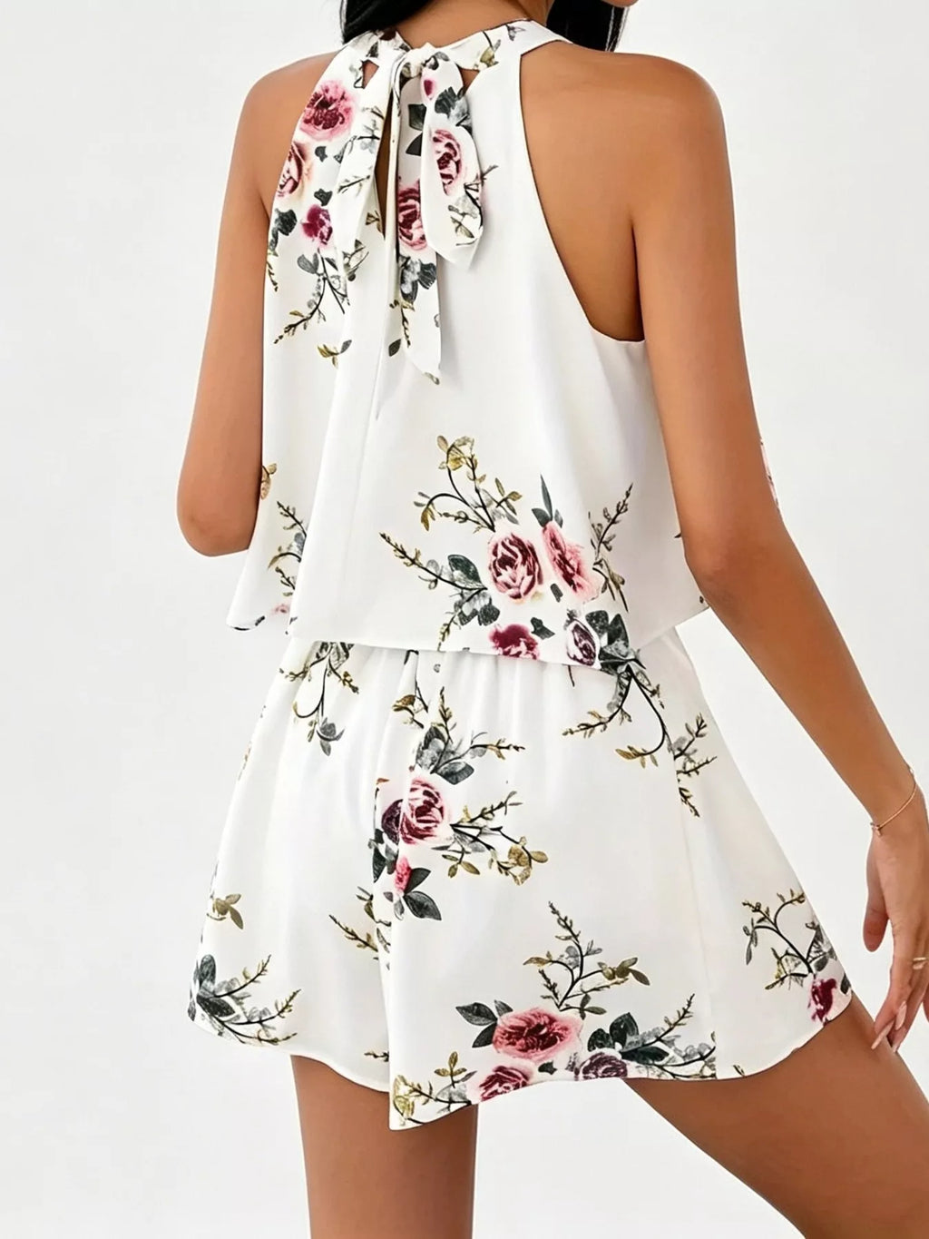 Full Size Floral Print Halter Neck Tank Top and Pleated Shorts Set Plus Size