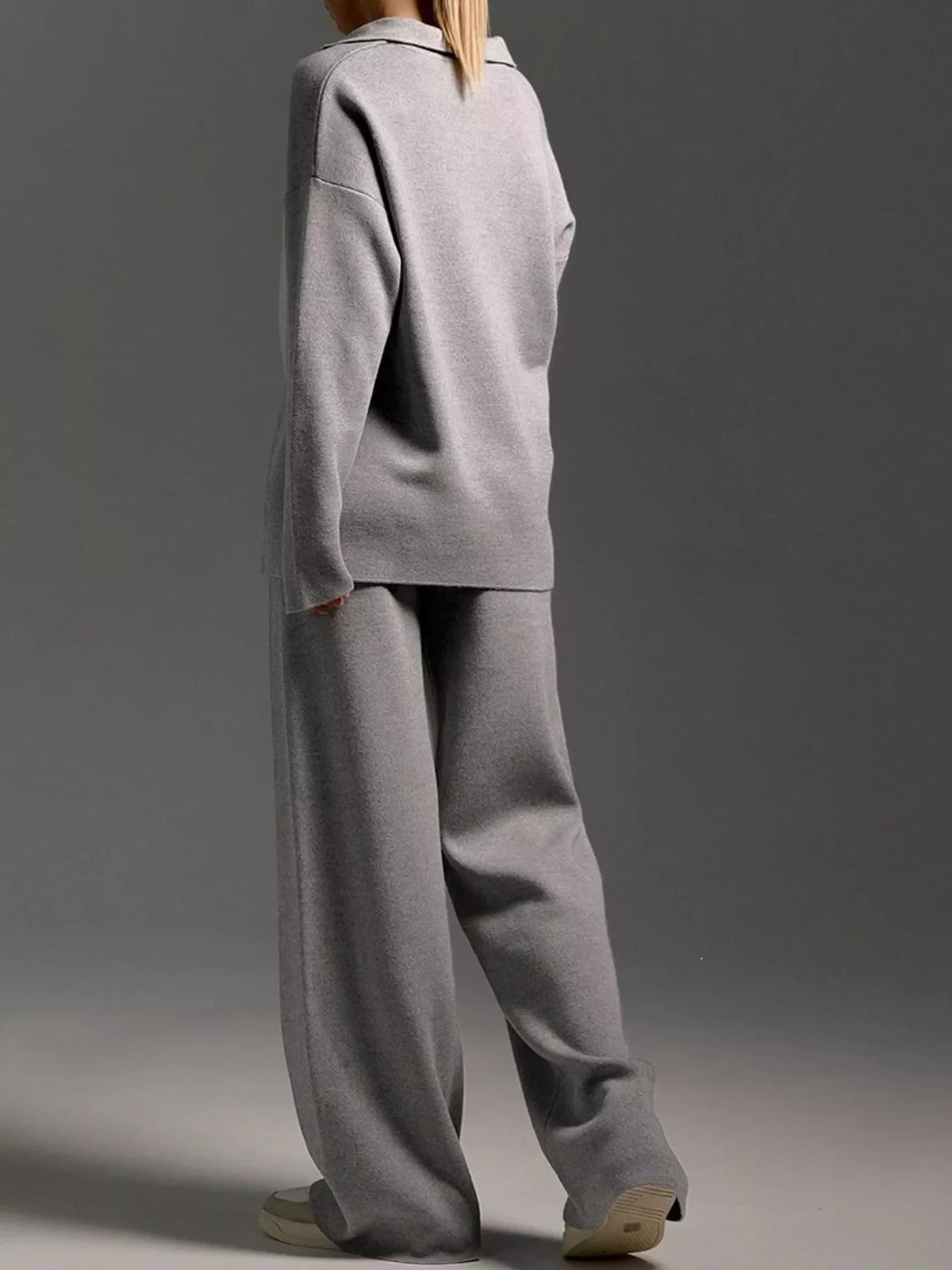 Polo Collar Top and Wide-Leg Pants Set