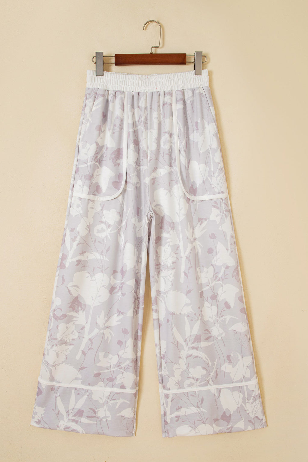 Gray Floral Print Wide Leg Ankle-Length Elastic Waistband Pants